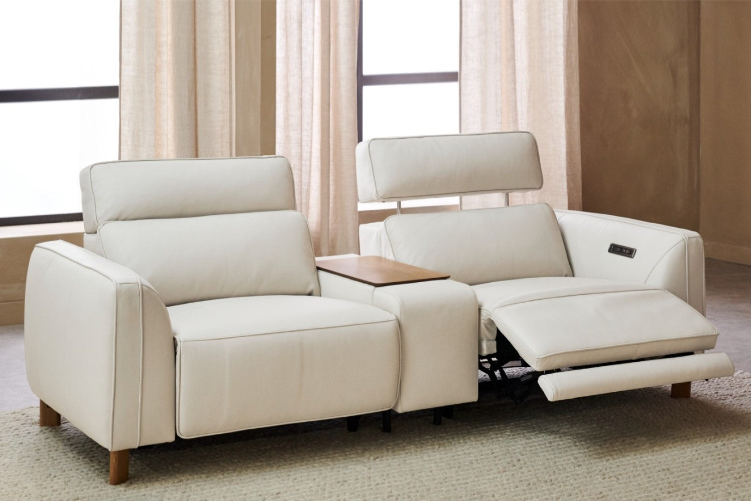 Valencia Lesley Top Grain Leather Loveseat with Console Recliner Sofa, Beige