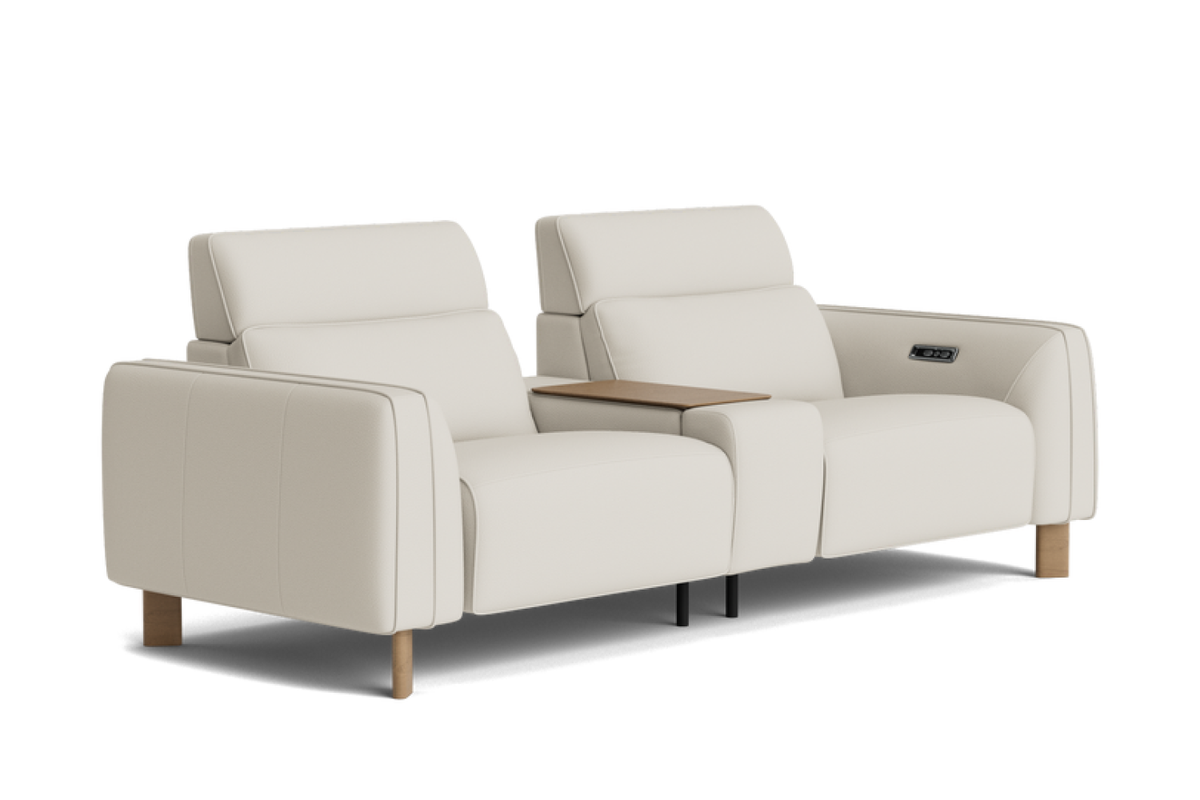 Valencia Lesley Top Grain Leather Loveseat with Console Recliner Sofa, Beige