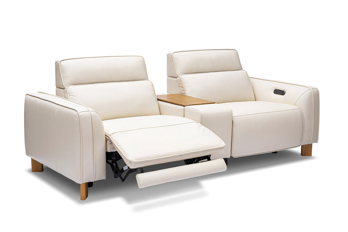 Valencia Lesley Top Grain Leather Loveseat with Console Recliner Sofa, Beige