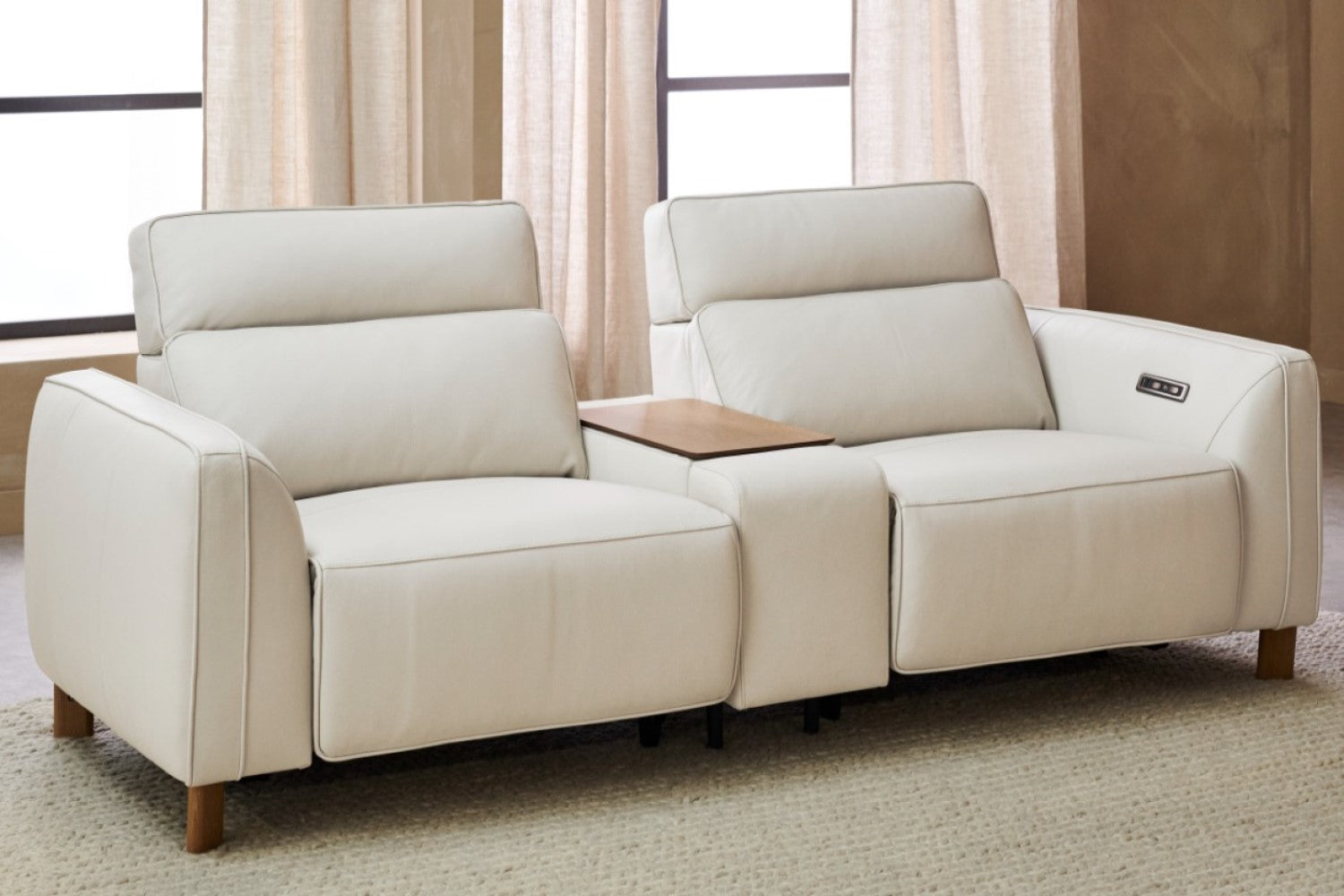 Valencia Lesley Top Grain Leather Loveseat with Console Recliner Sofa, Beige