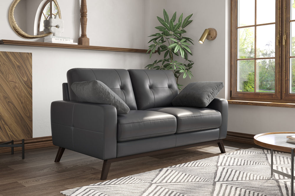 Valencia Francesca Mid Century Top Grain Leather Loveseat Sofa, Charcoal Grey
