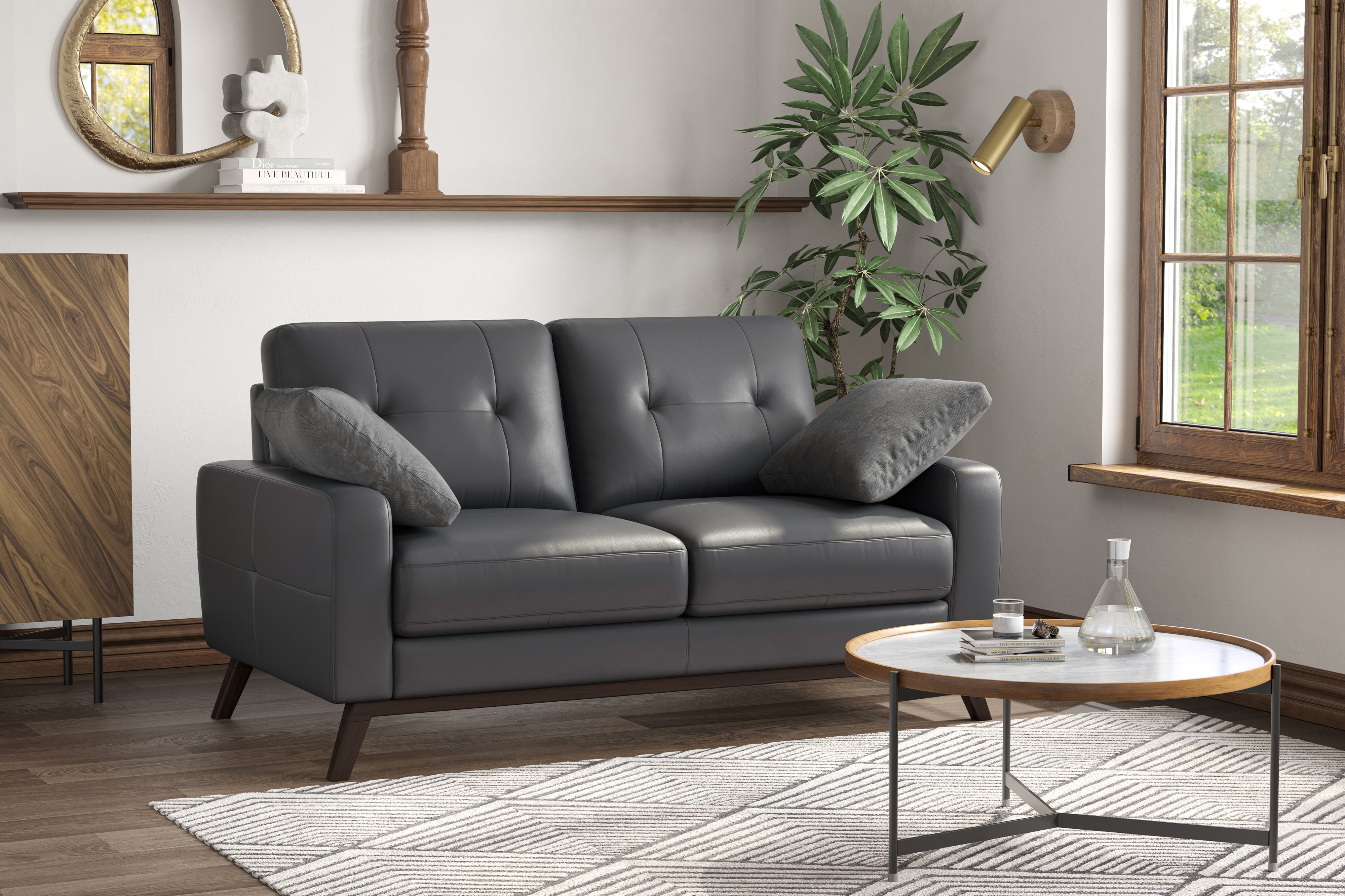 Valencia Francesca Mid Century Top Grain Leather Loveseat Sofa, Charcoal Grey