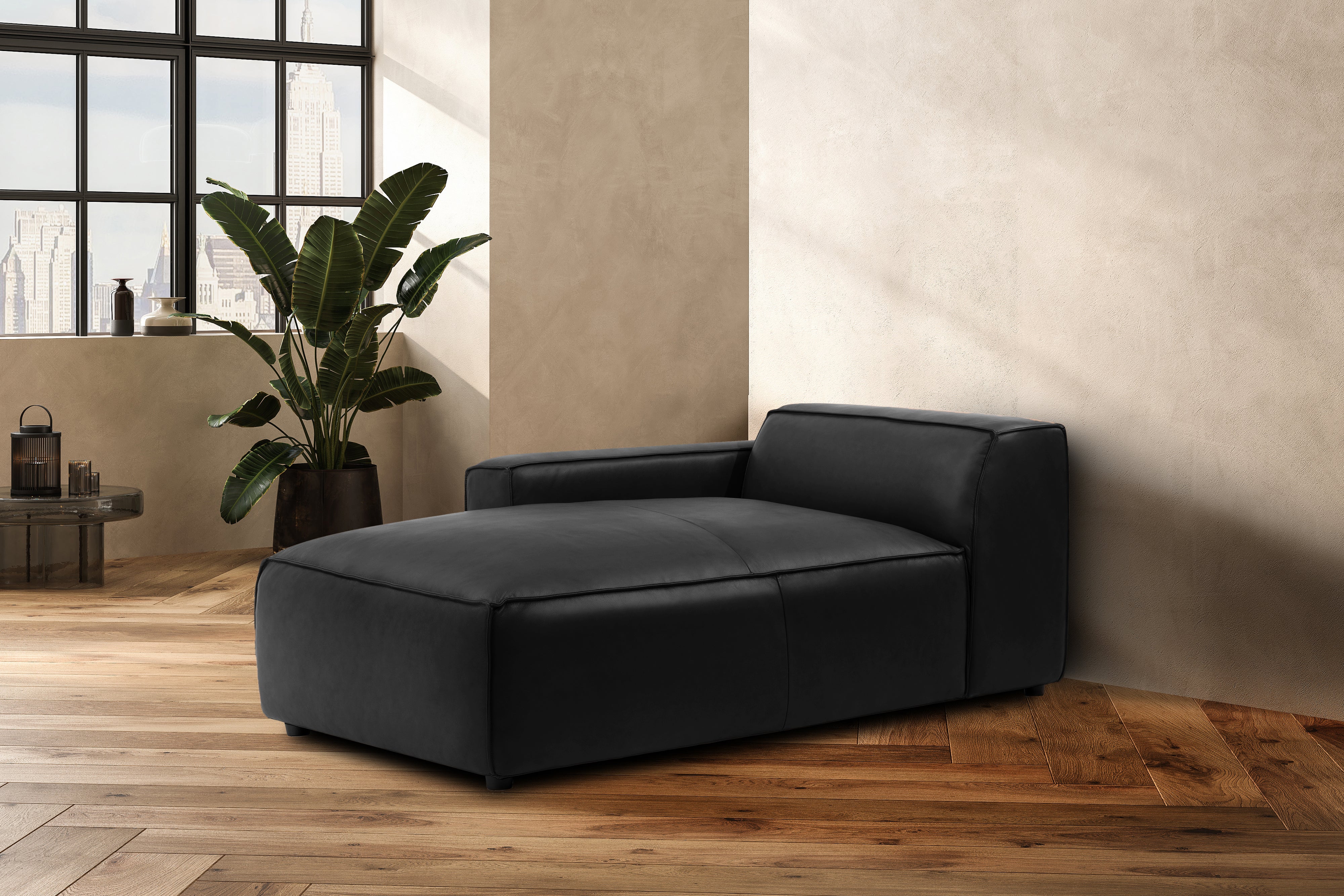 Valencia Nathan Full Aniline Leather Left-Chaise Piece, Black