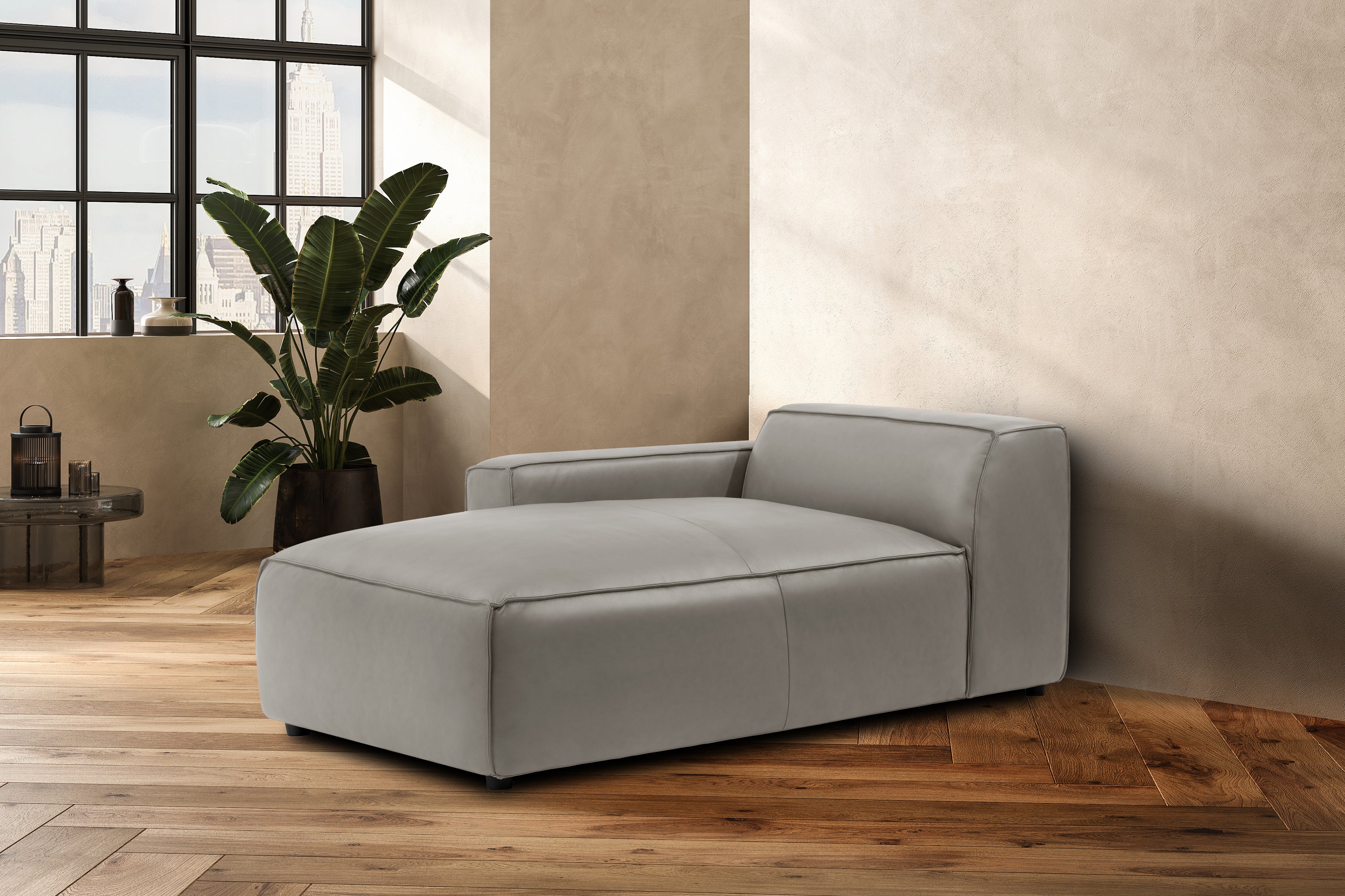Valencia Nathan Full Aniline Leather Left-Chaise Piece, Light Grey