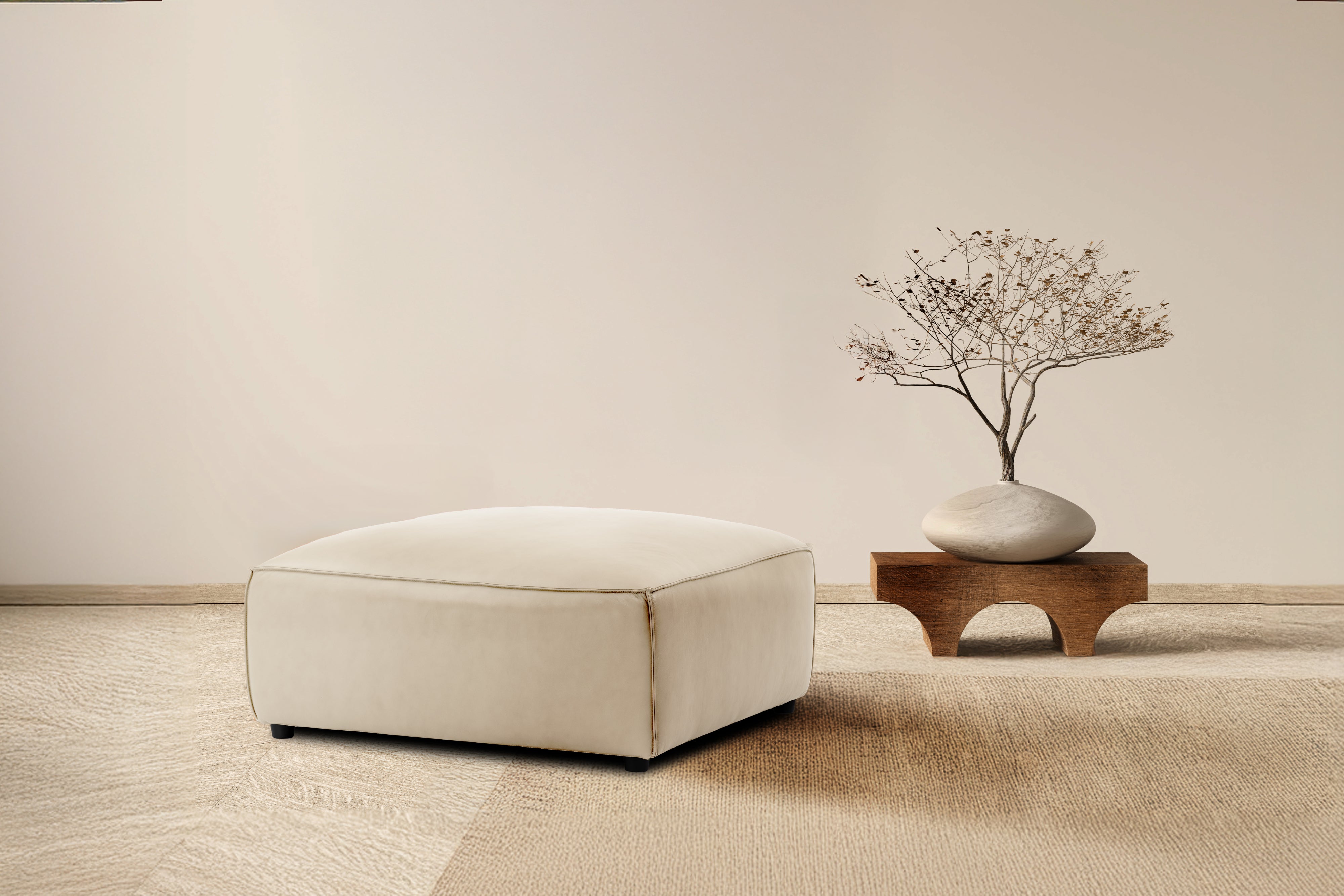 Valencia Nathan Full Aniline Leather Ottoman, Antique White