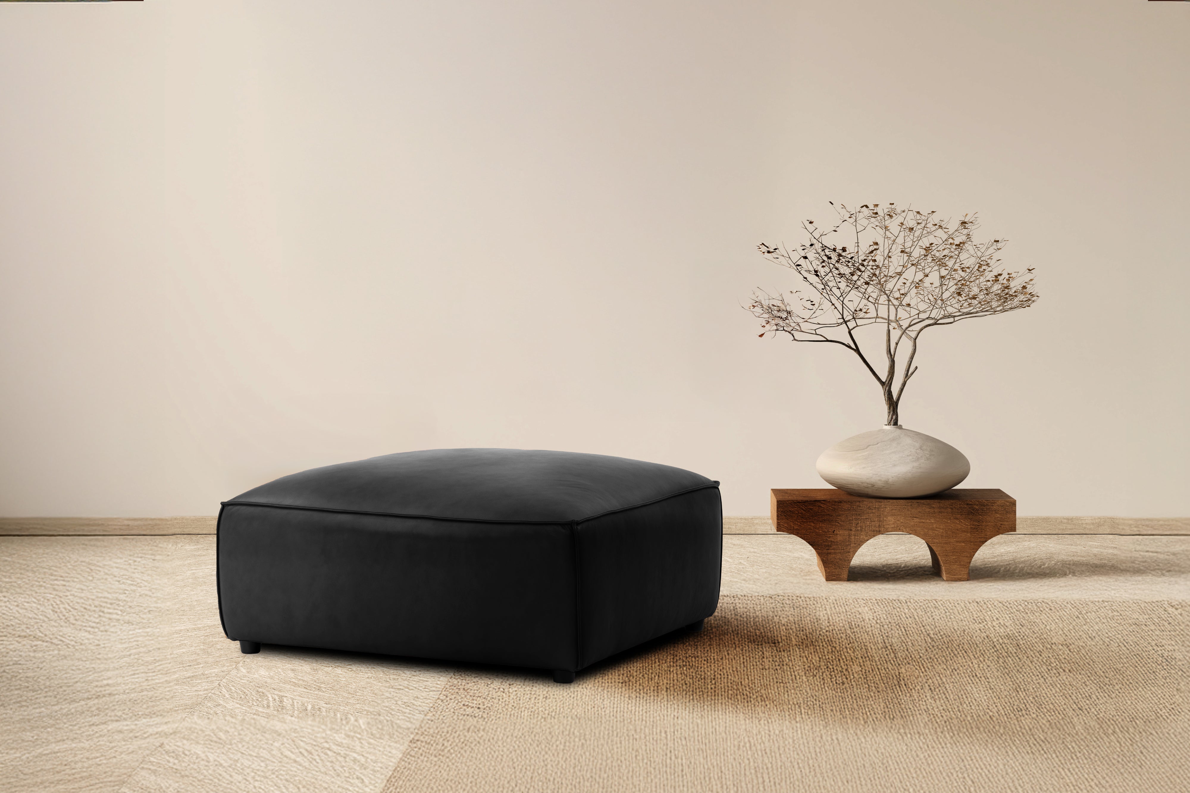 Valencia Nathan Full Aniline Leather Ottoman, Black