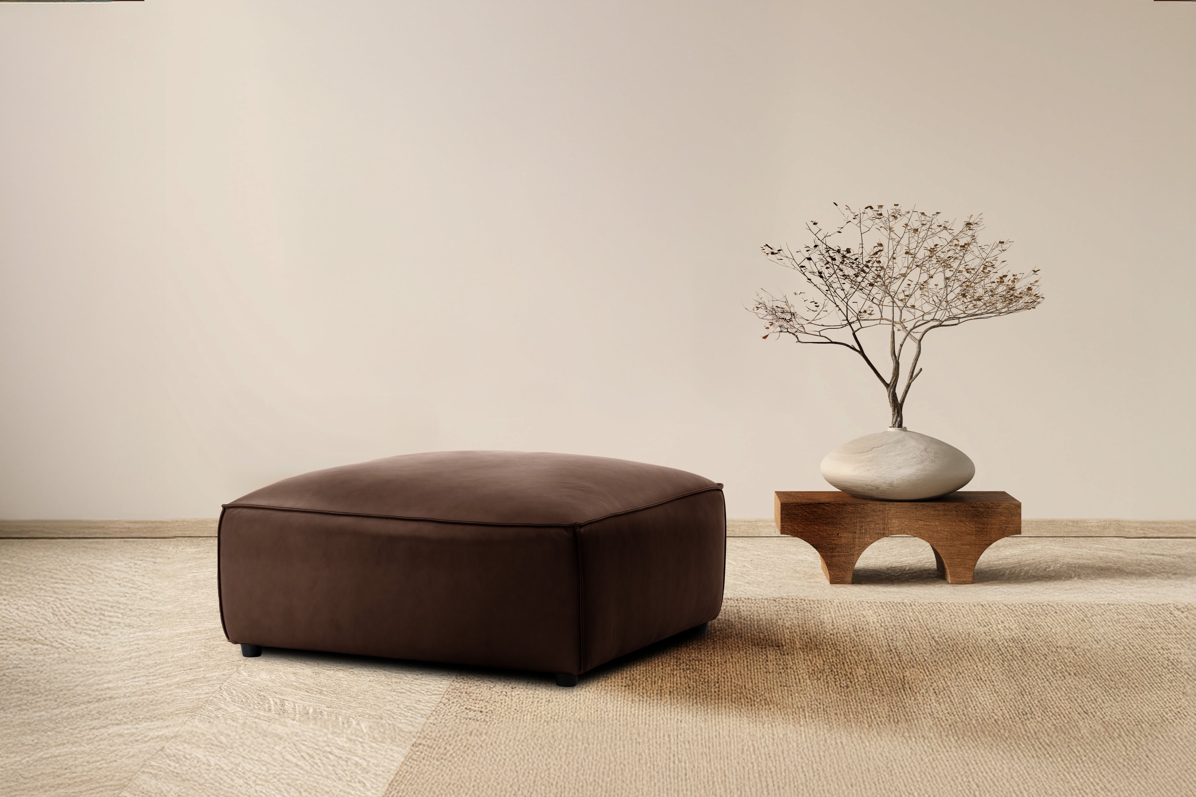 Valencia Nathan Full Aniline Leather Ottoman, Dark Chocolate