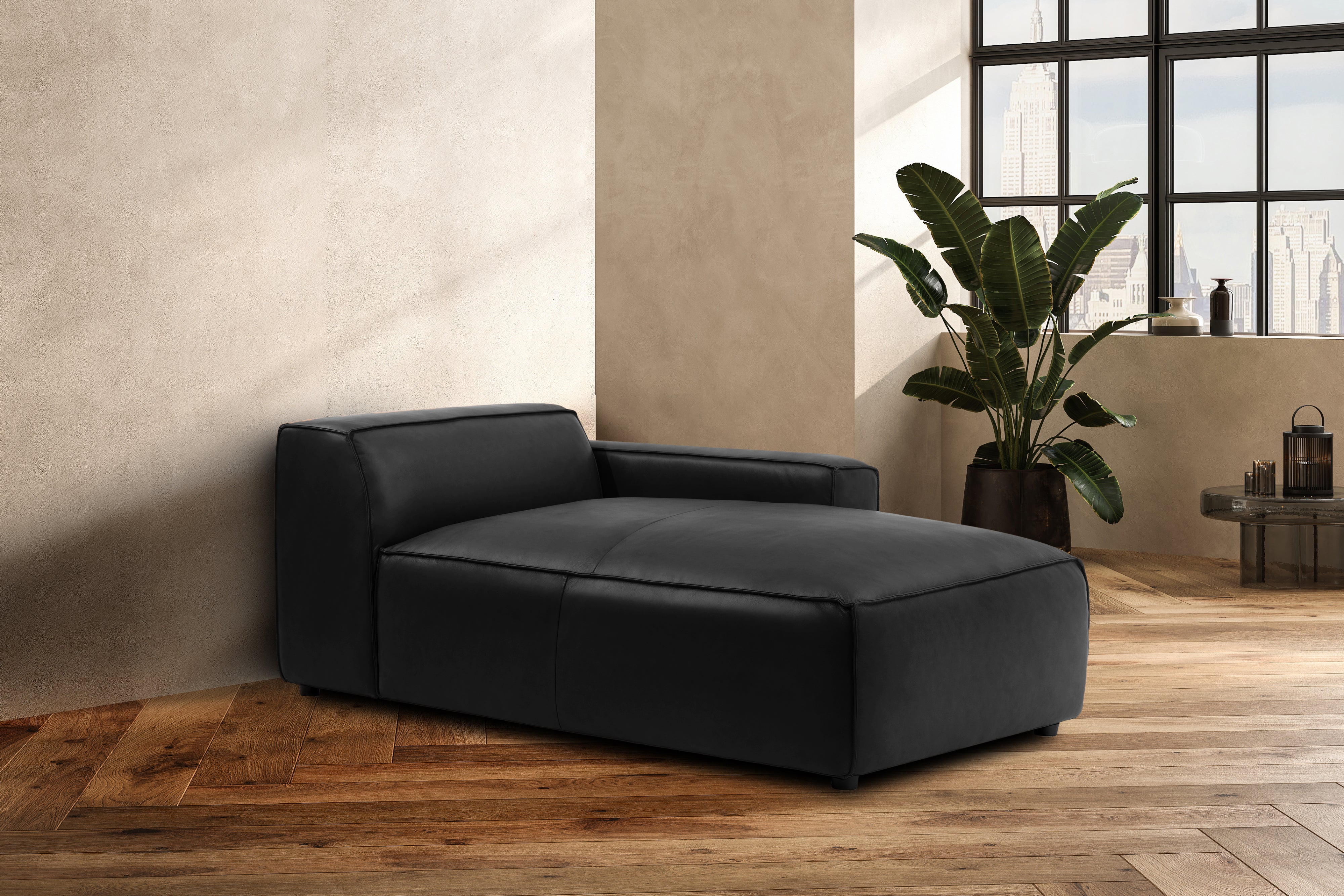 Valencia Nathan Full Aniline Leather Right-Chaise Piece, Black