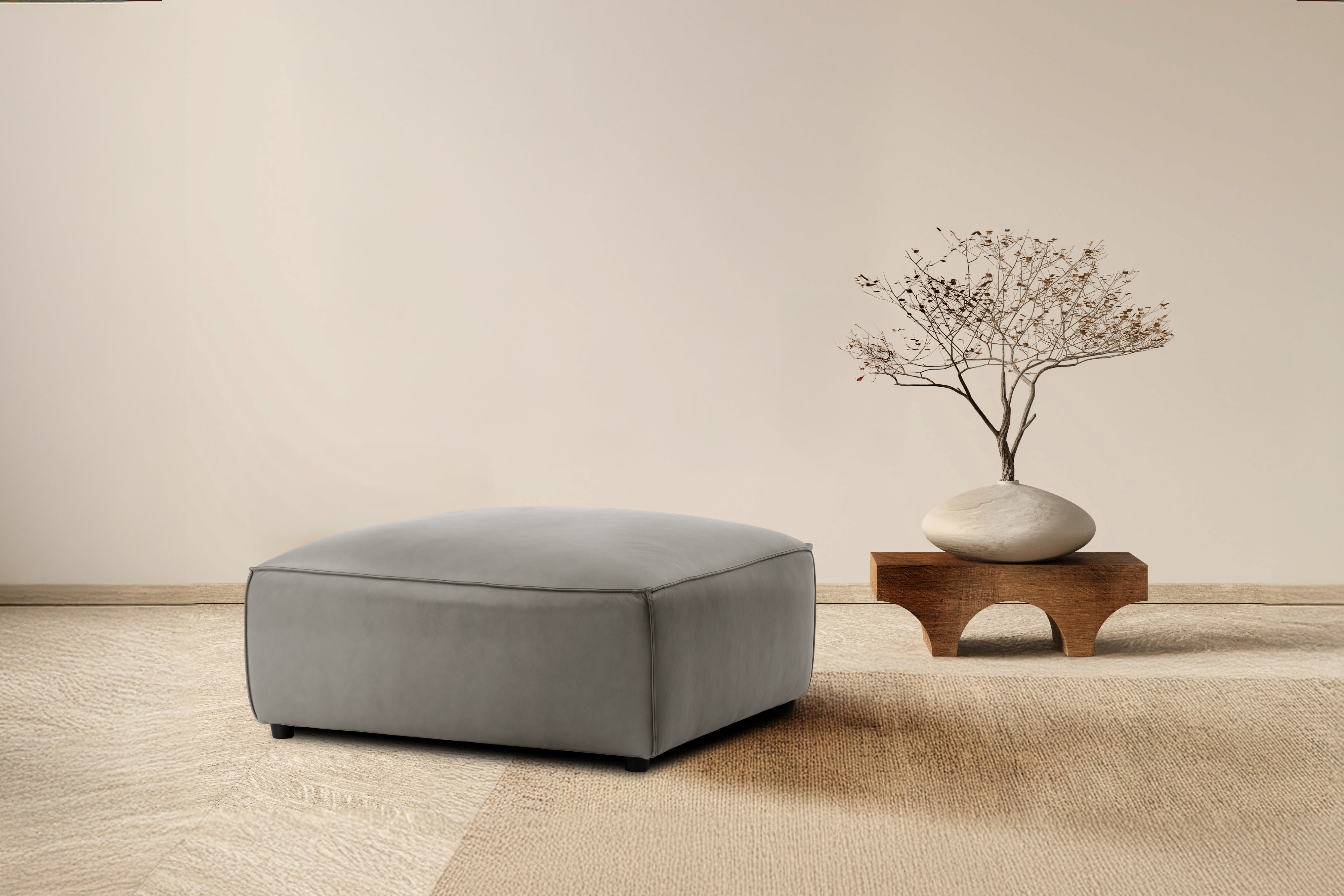 Valencia Nathan Full Aniline Ottoman, Light Grey