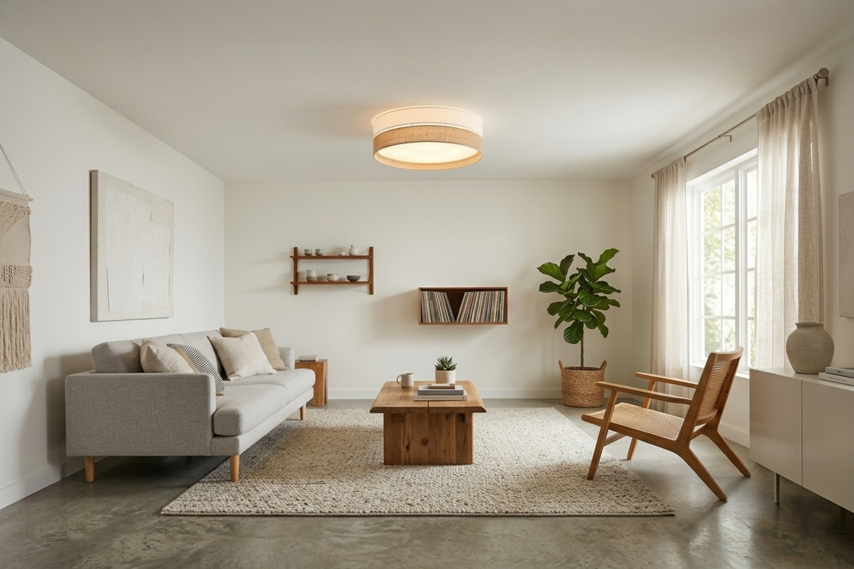 Linobianco Natural Linen Scandinavian Flush Mount Ceiling Light for Bedroom, Hallway & Low Ceilings
