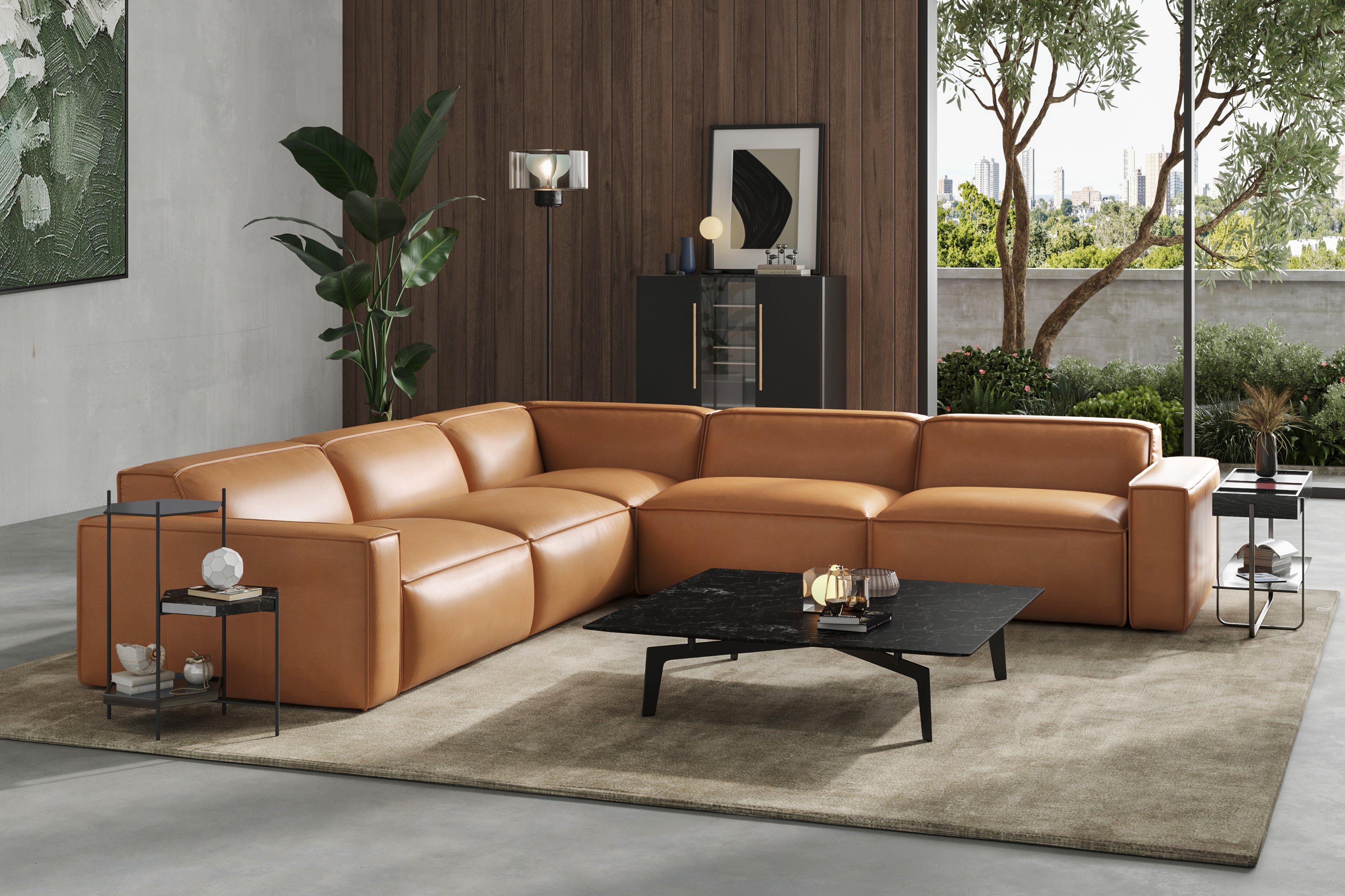 Valencia Nathan Full Aniline Leather Modular Sofa with Down Feather, L-Shape, Caramel Brown Color