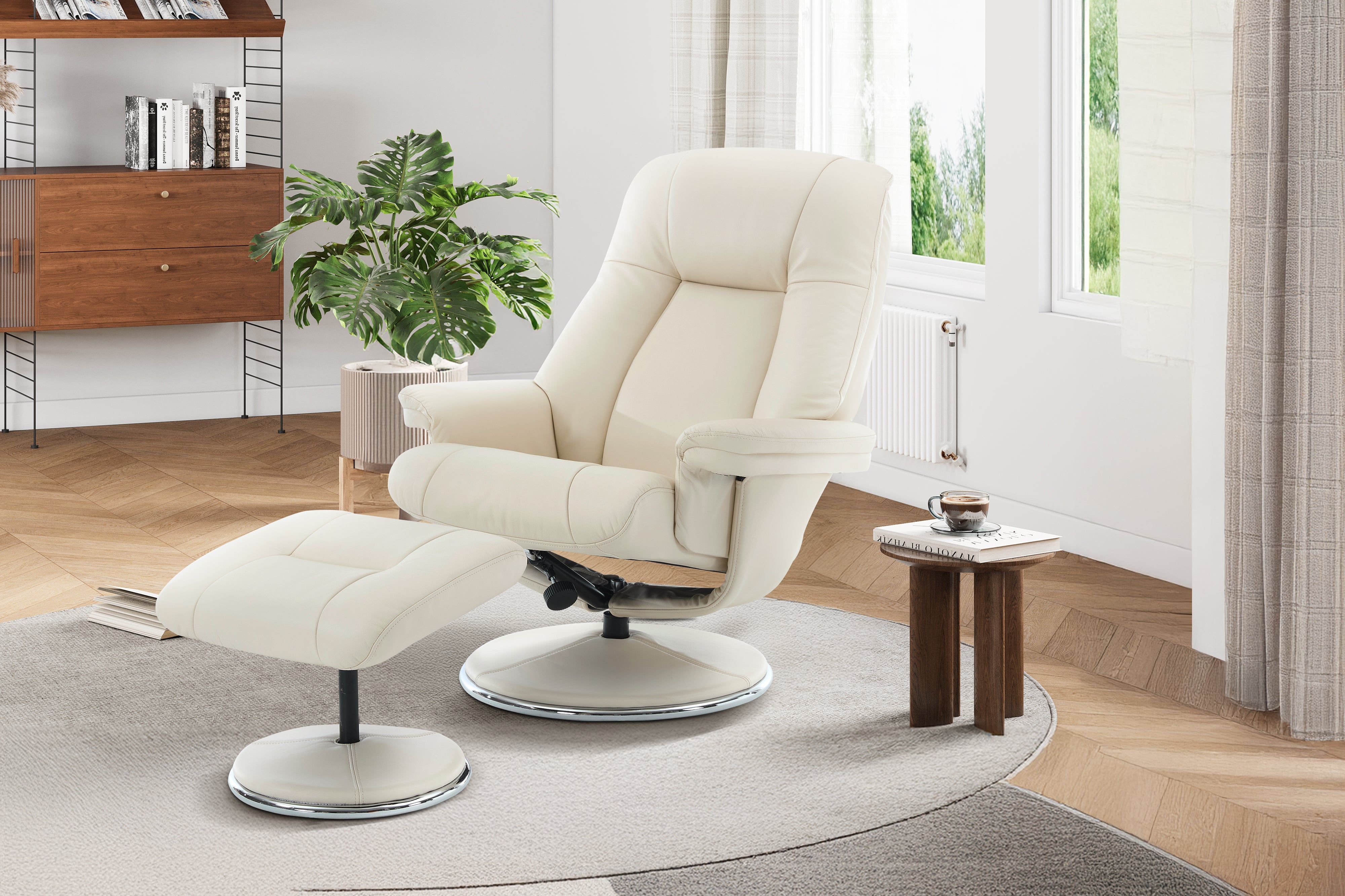 Valencia Lucinda Top Grain Leather Swivel Recliner Seat with Ottoman, Beige