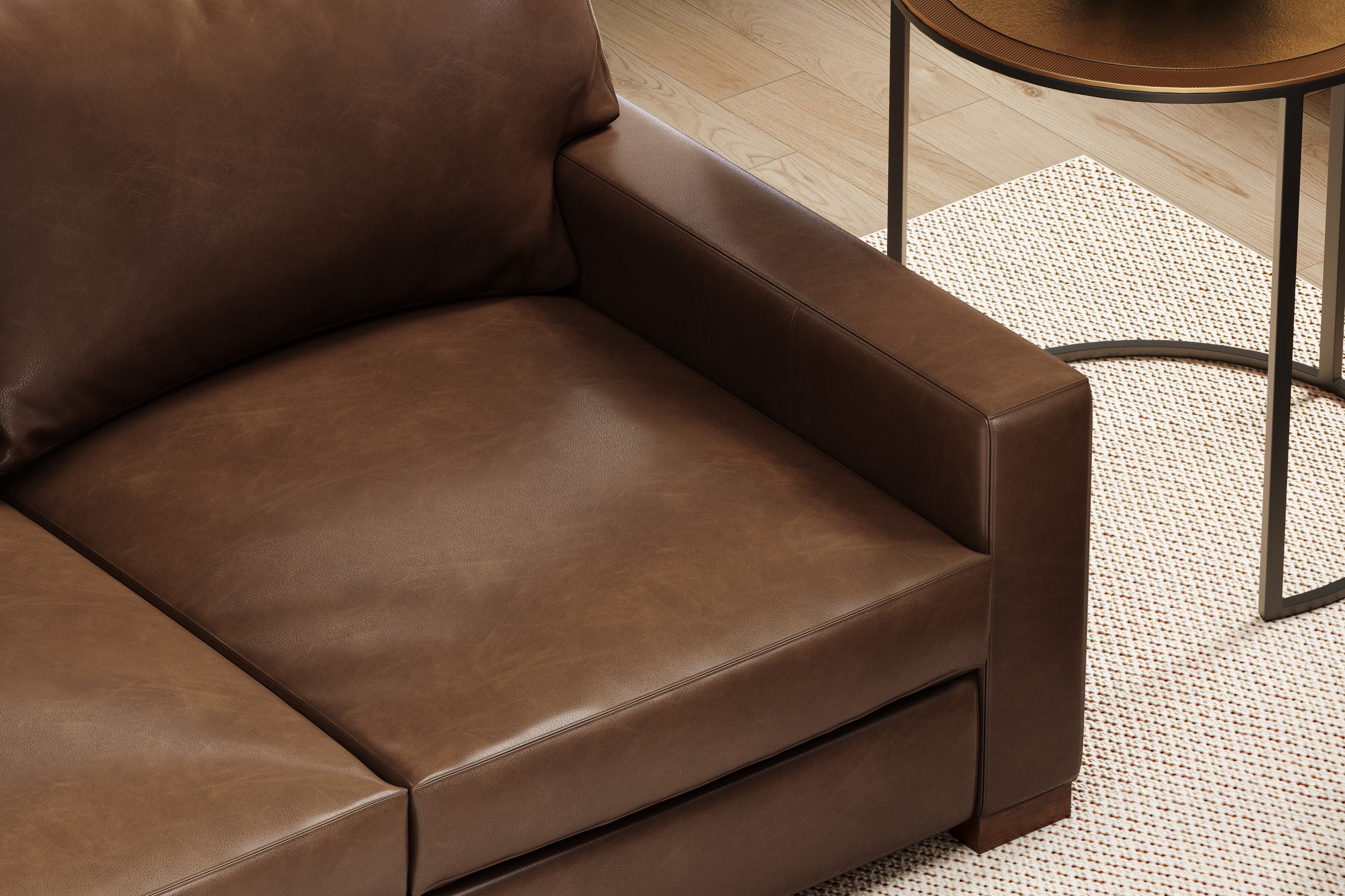 Right-Side's Seat with Armrest A Close-Up View of  A Luxurious, Lipari Choco, Kiln Dried Wood Frame, Luton Leather Loveseats Sofa.