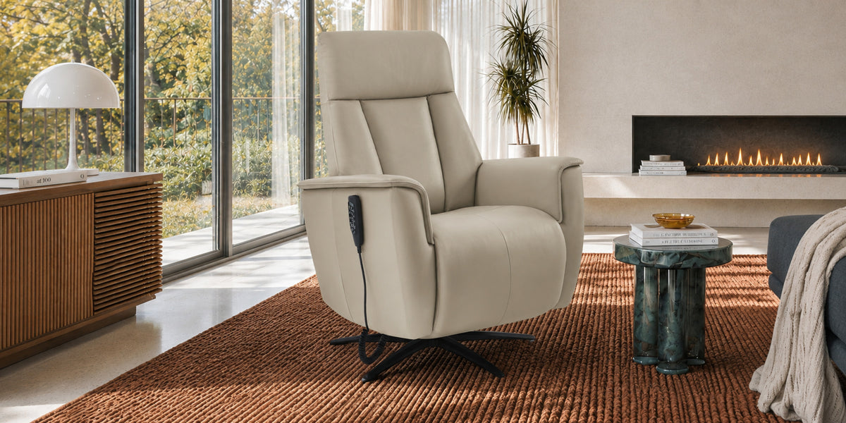 Lysand cream leather swivel recliner in a modern living room - desktop feature image