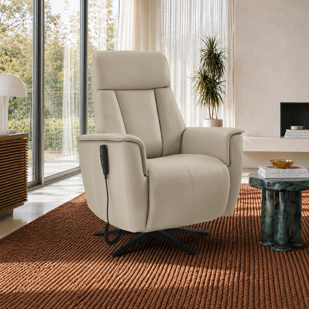 Lysand cream leather swivel recliner in a modern living room - mobile feature image