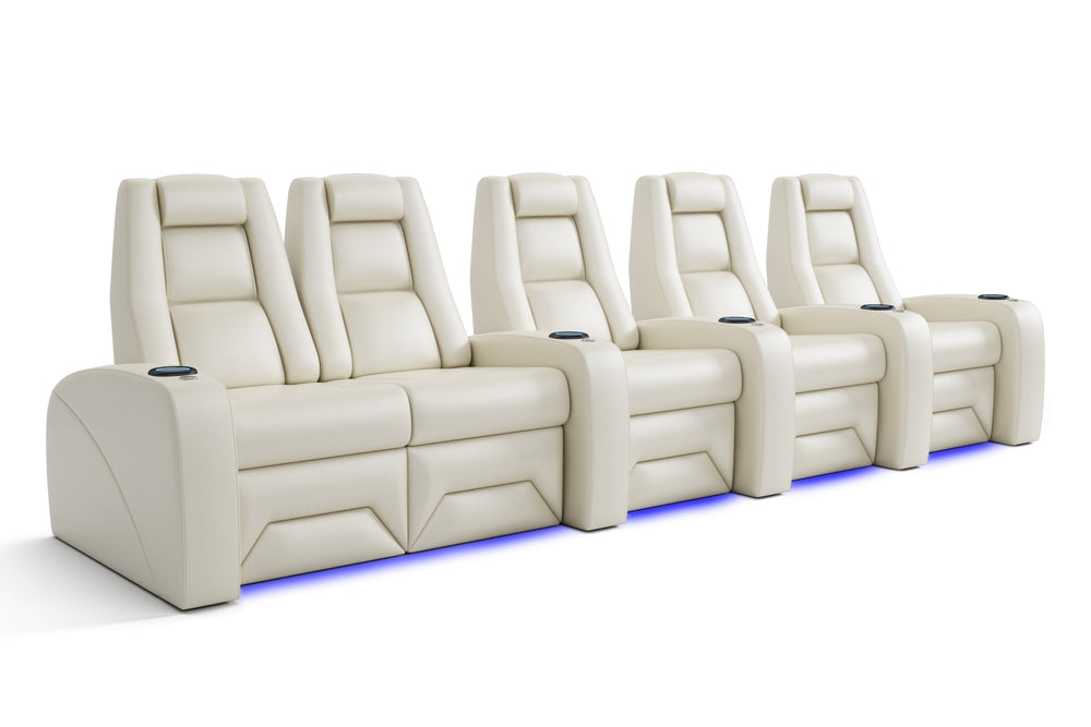 Valencia Marche Heat & Massage Valentino Leather Home Theater Seating, Row of 5 Loveseat Left, Beige