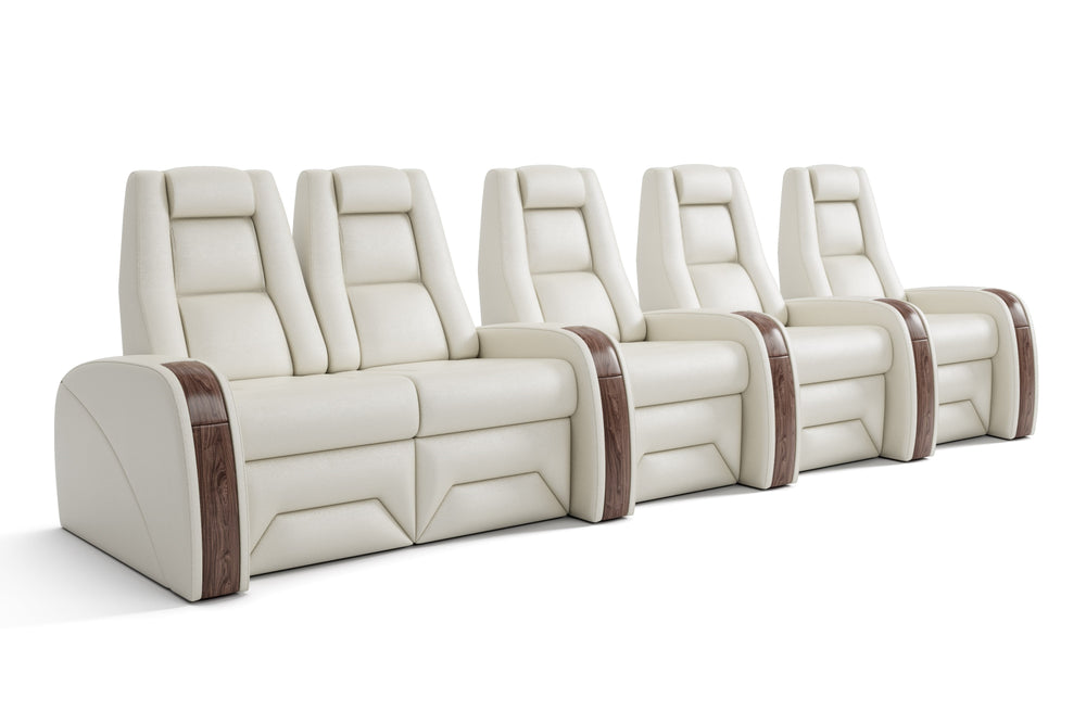 Valencia Prague Executive Leather Home Theater Seating, Row of 5 Loveseat Left, Beige