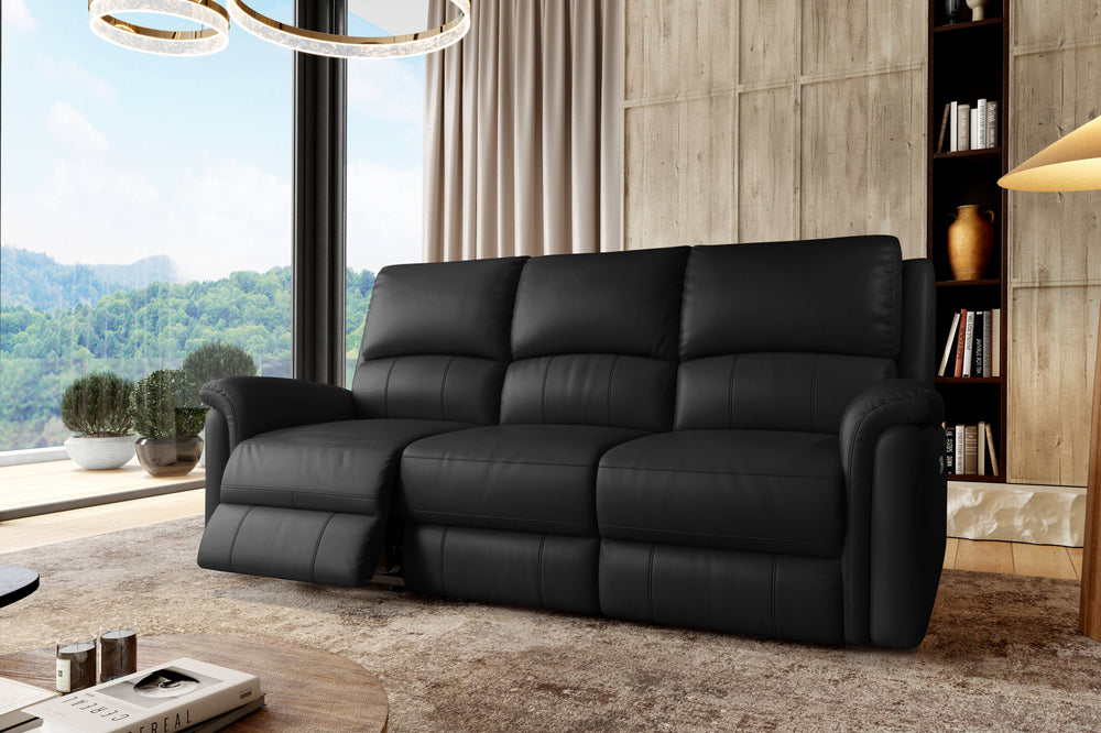 Valencia Martina Leather Three Seats Power Recliner Sofa, Black