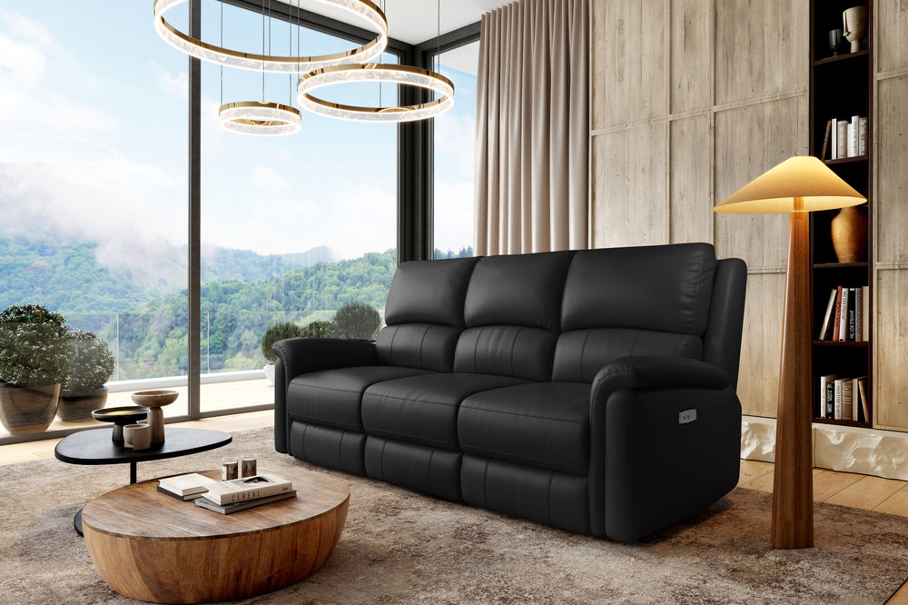 Valencia Martina Leather Three Seats Power Recliner Sofa, Black