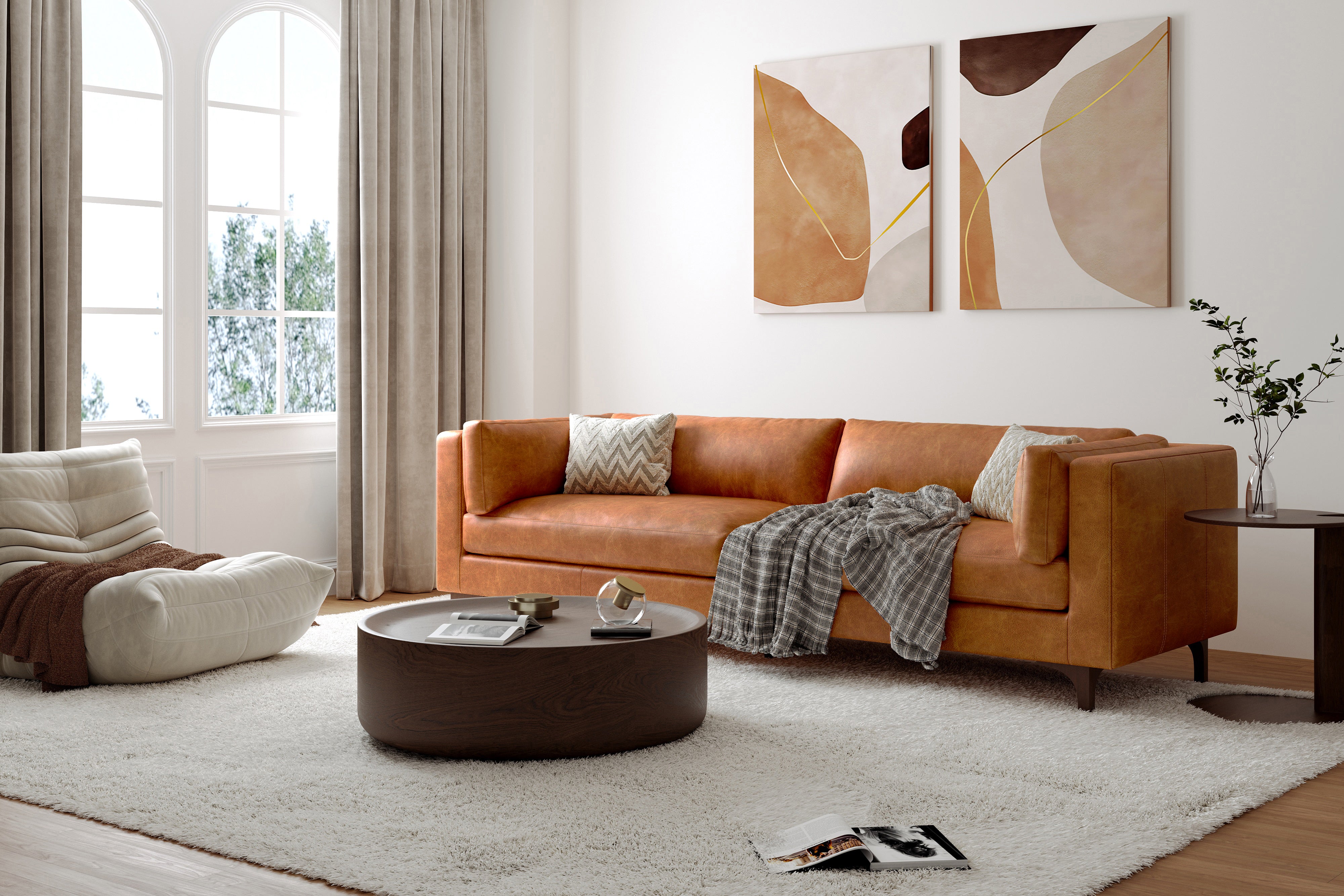 Valencia Mary Full-Aniline Leather Wide Sofa, Saddle Tan