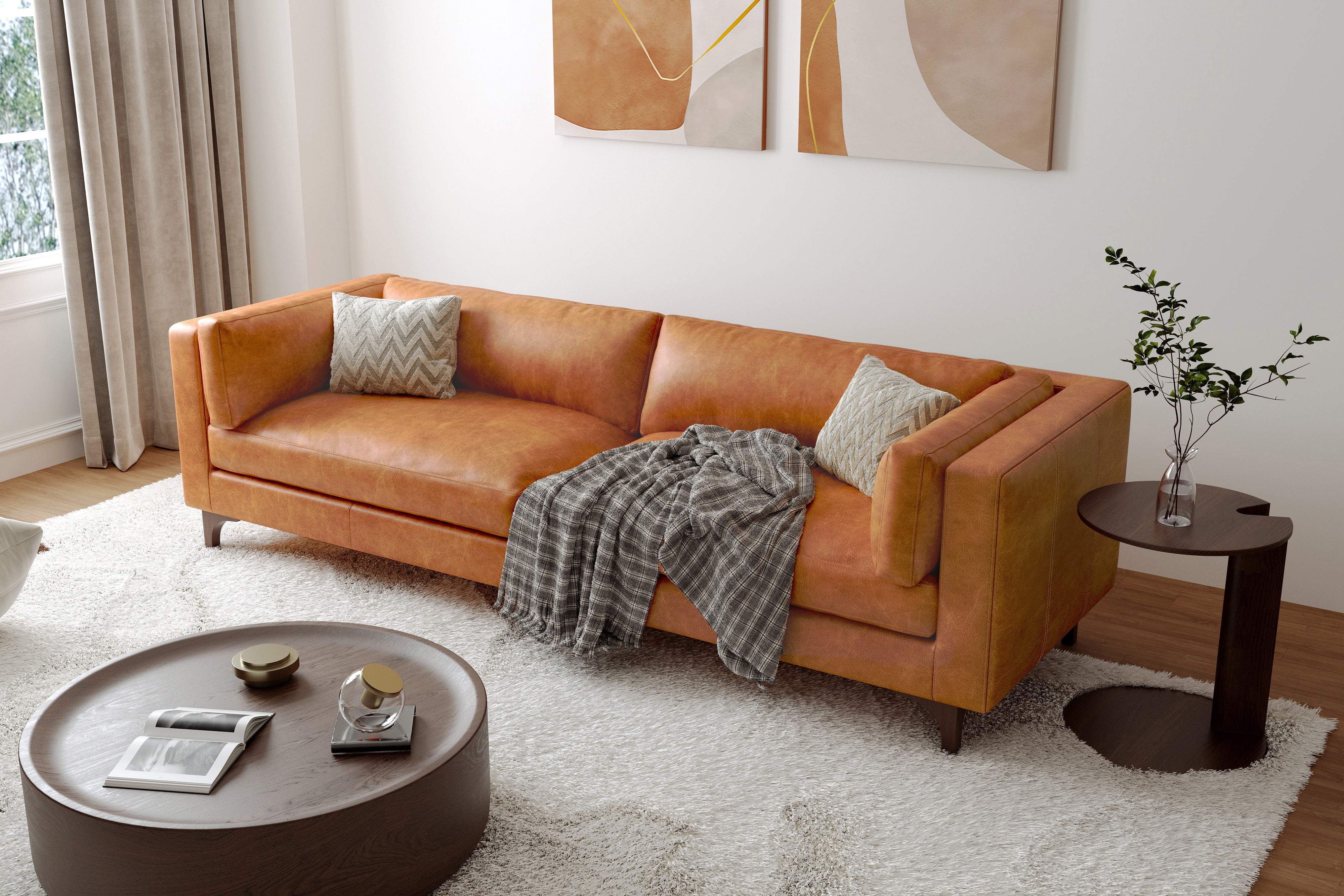 Valencia Mary Full-Aniline Leather Wide Sofa, Saddle Tan