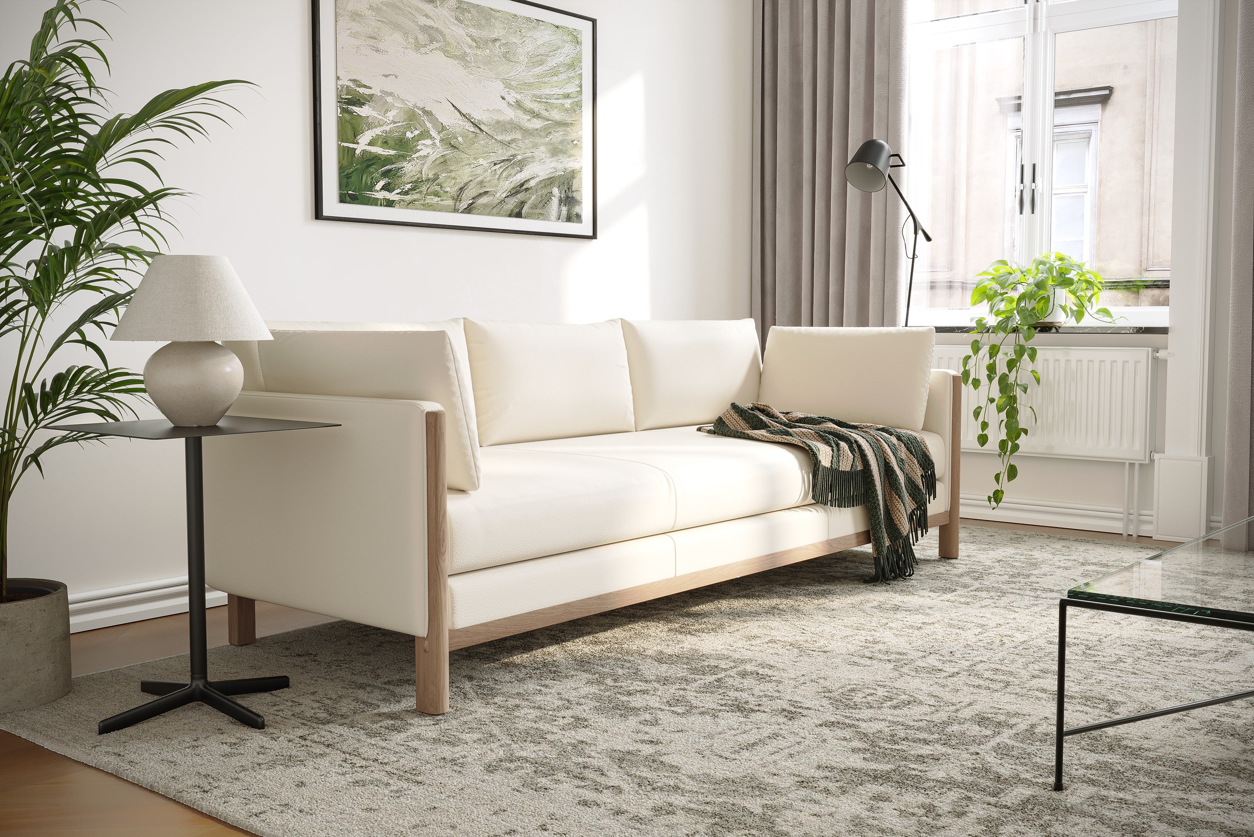 Matera Leather Three Seats Sofa with Wooden Legs, Beige