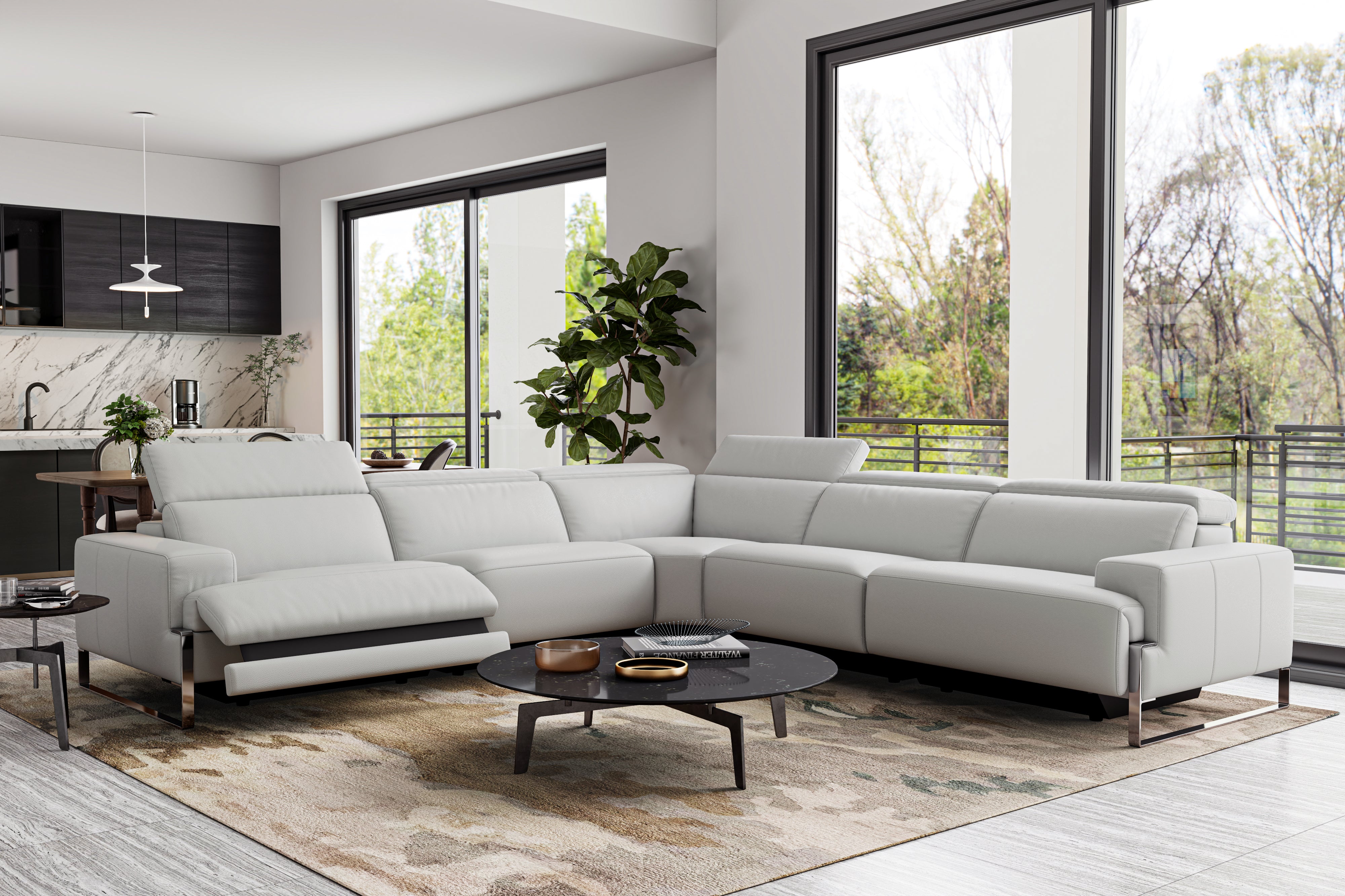 Valencia Melania Top Grain Leather L-Shape Reclining Sectional Sofa, Light Grey