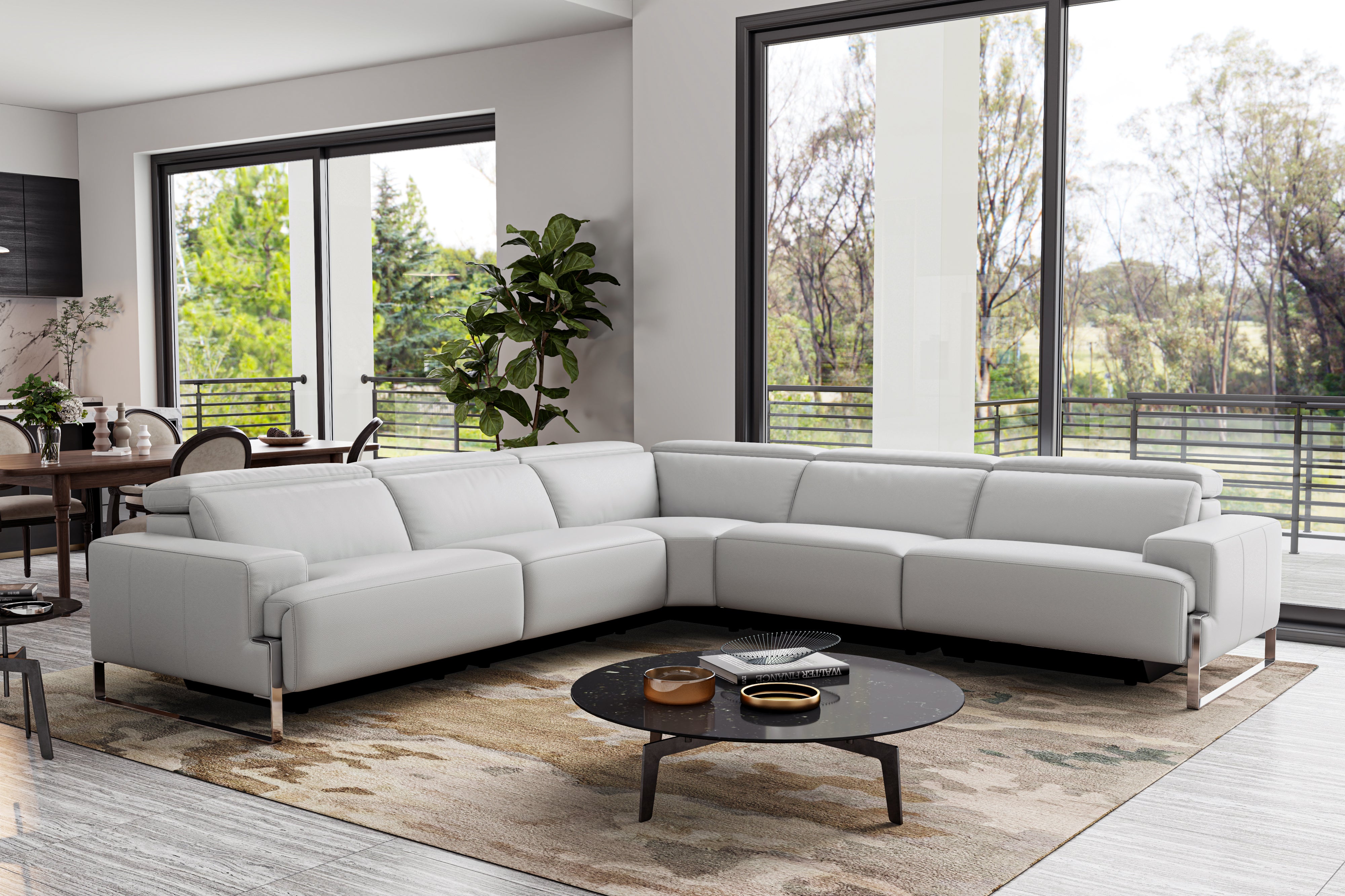 Valencia Melania Top Grain Leather L-Shape Reclining Sectional Sofa, Light Grey