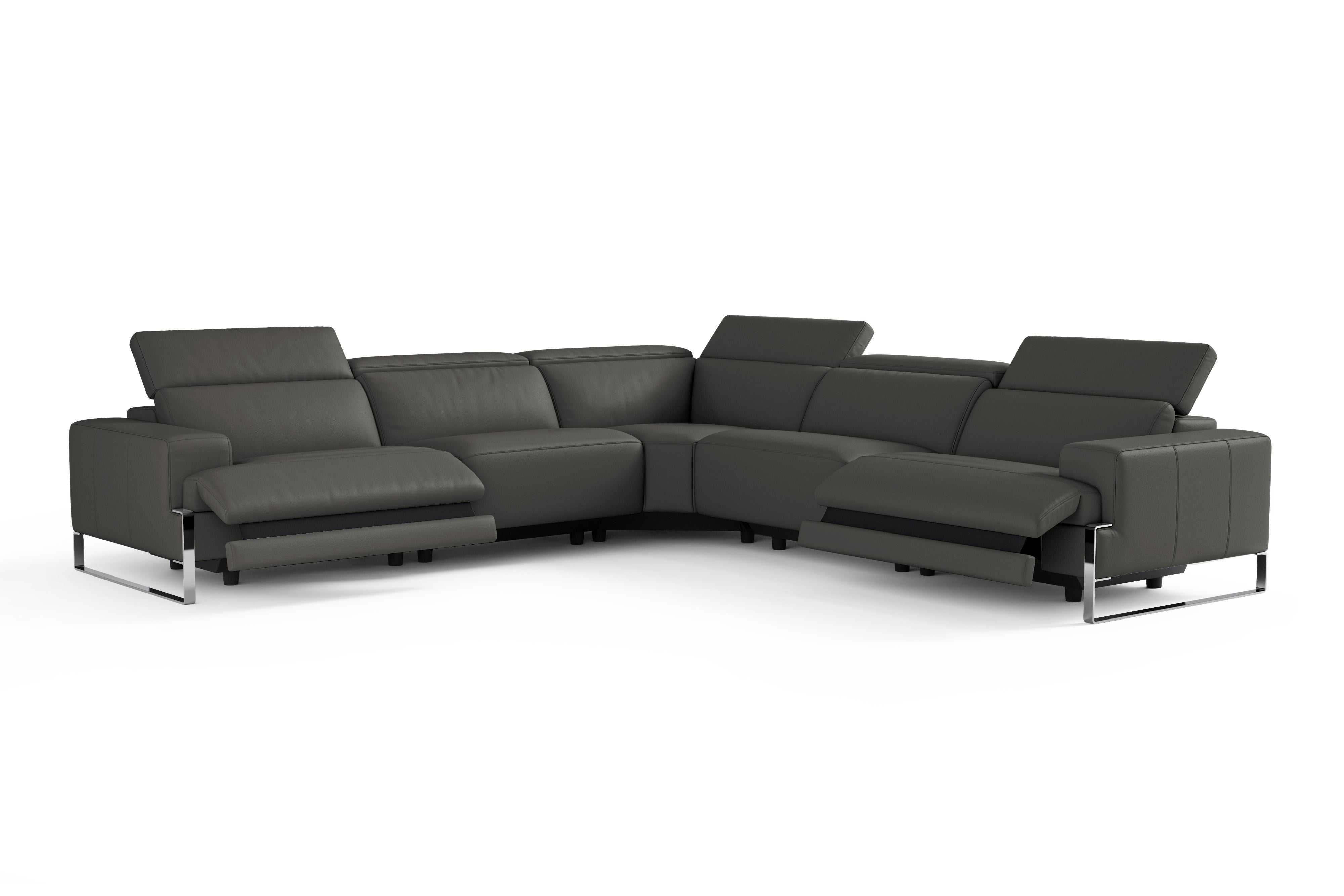 Valencia Melania Top Grain Leather L-Shape Reclining Sectional Sofa, Dark Grey