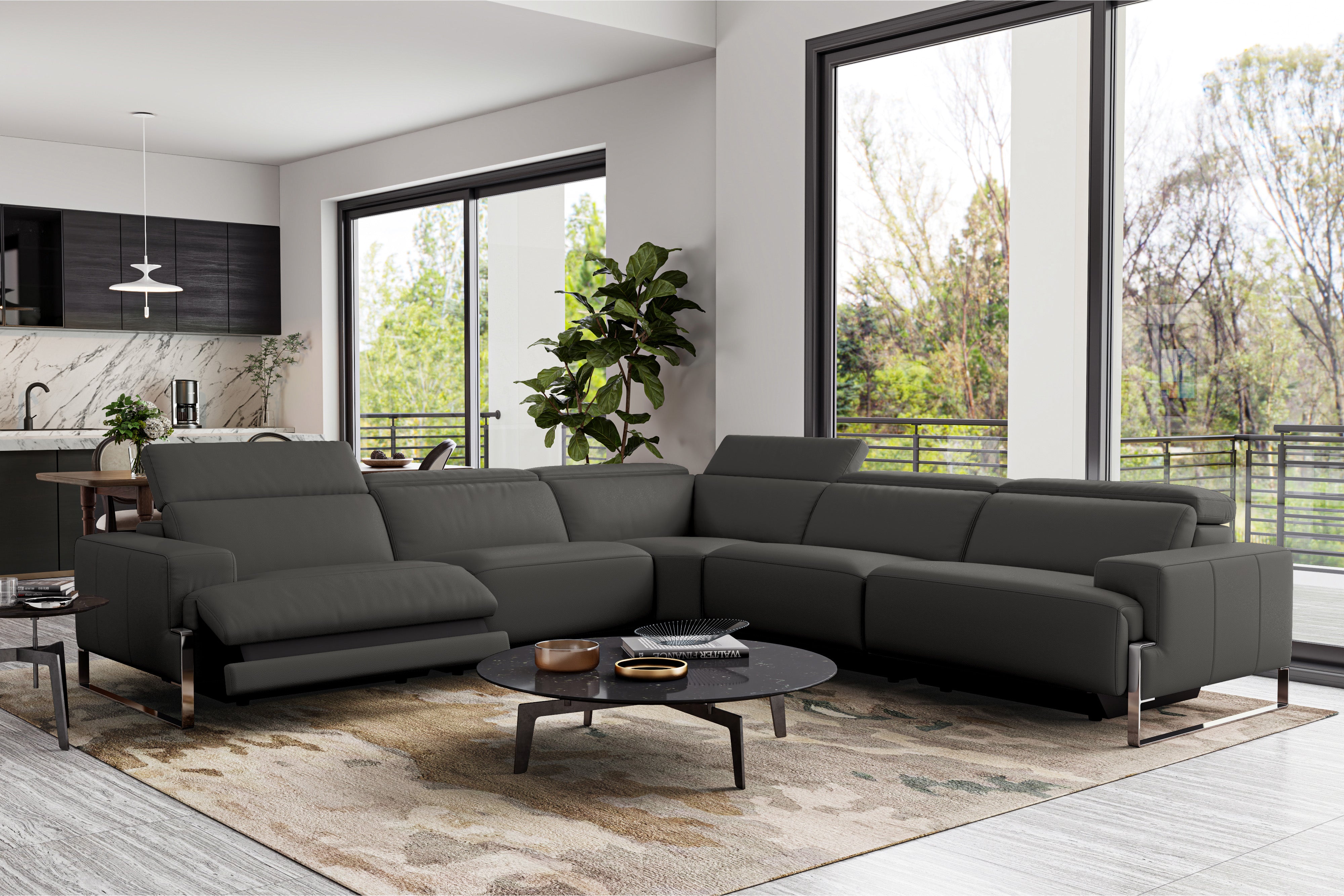 Valencia Melania Top Grain Leather L-Shape Reclining Sectional Sofa, Dark Grey