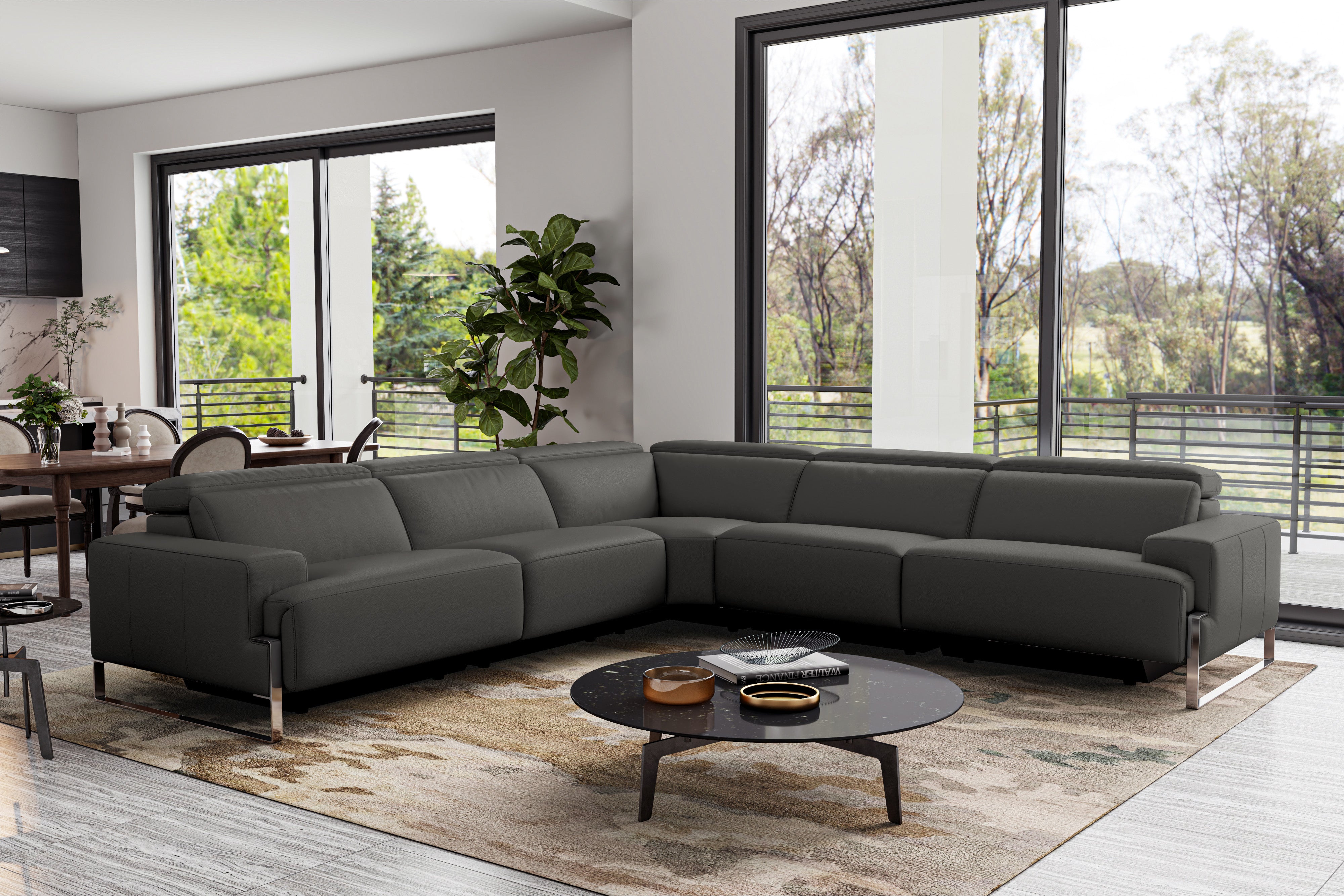 Valencia Melania Top Grain Leather L-Shape Reclining Sectional Sofa, Dark Grey