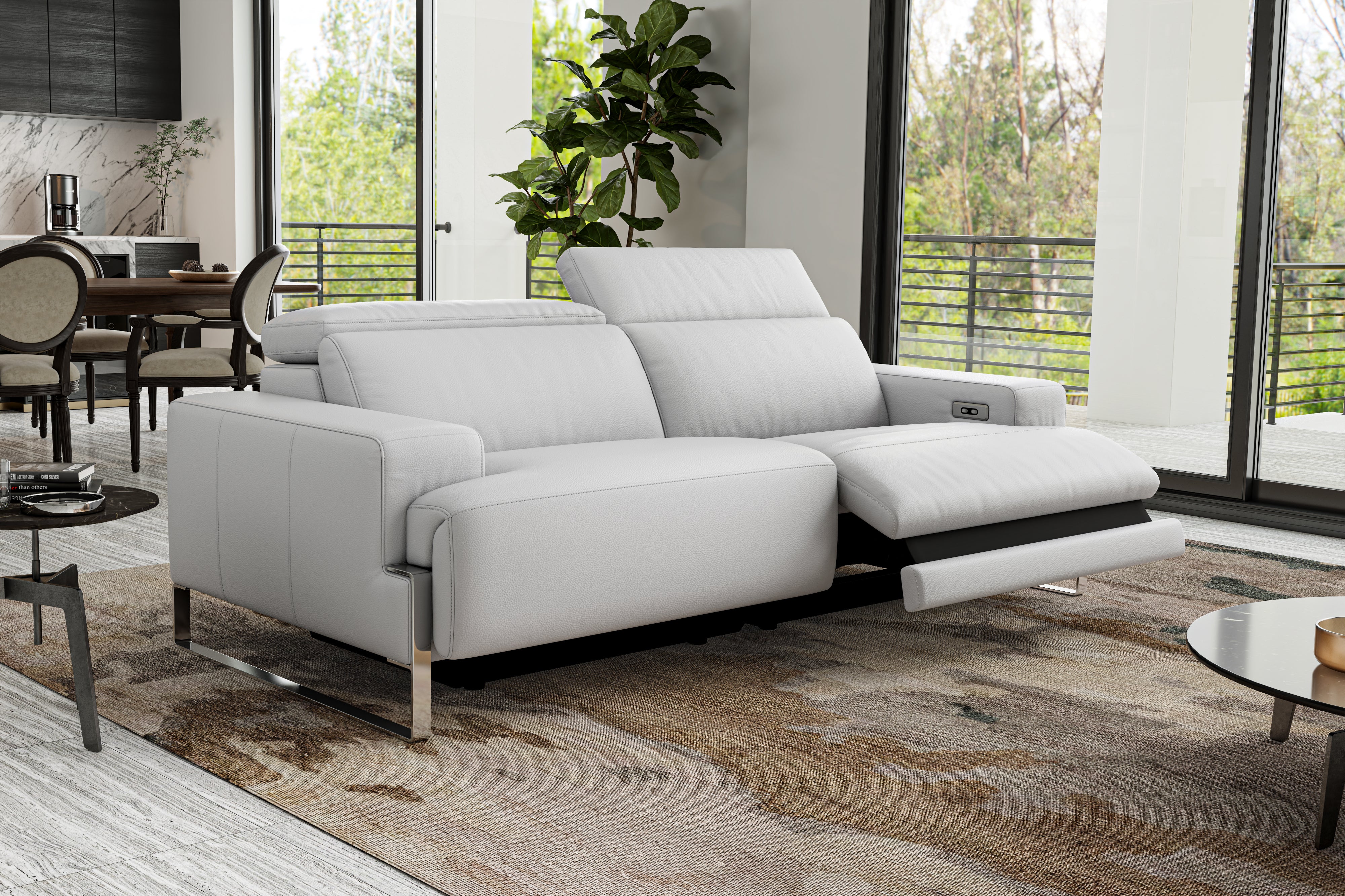 Valencia Melania Top Grain Leather Loveseat Reclining Sectional Sofa, Light Grey