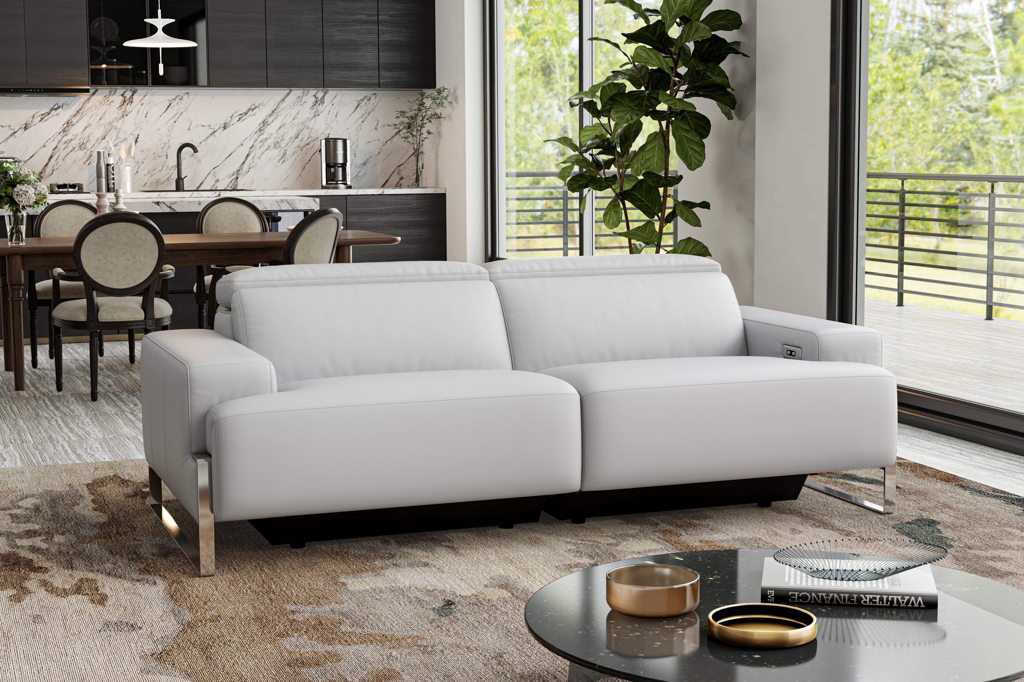 Valencia Melania Top Grain Leather Loveseat Reclining Sectional Sofa, Light Grey