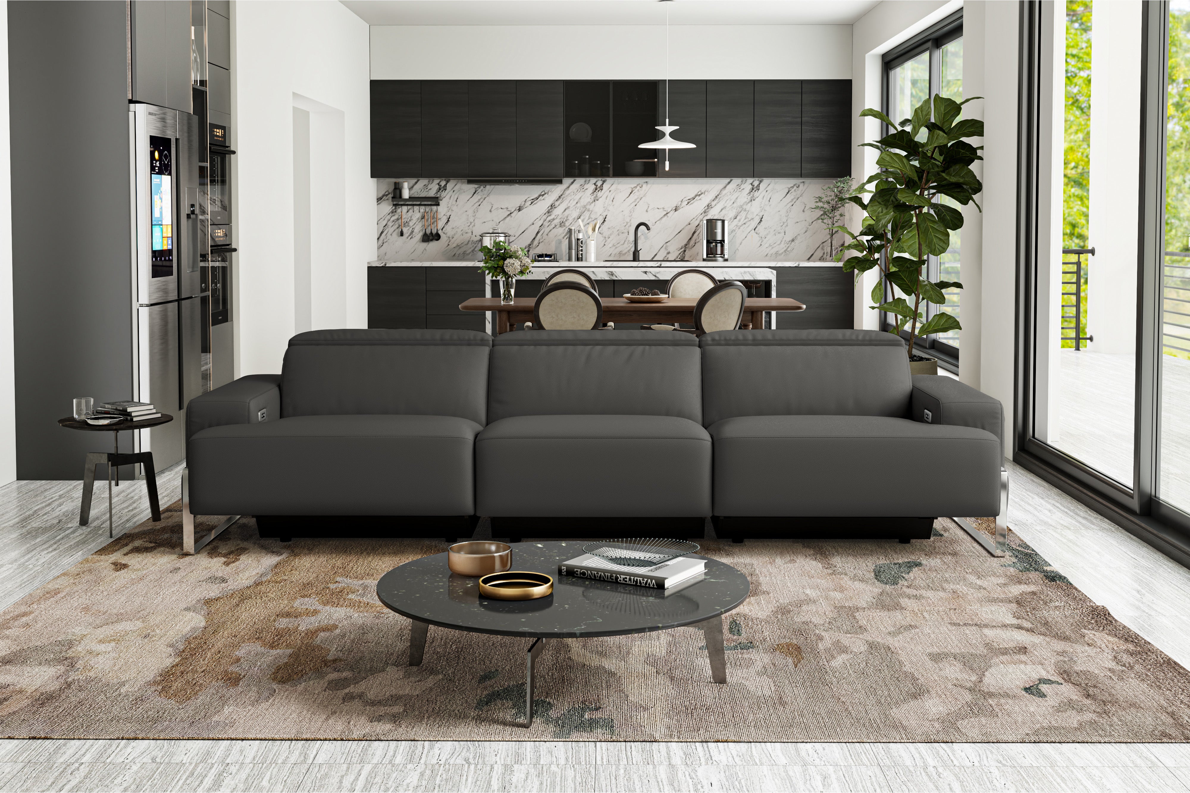 Valencia Melania Top Grain Leather Three Seats Reclining Sectional Sofa, Dark Grey