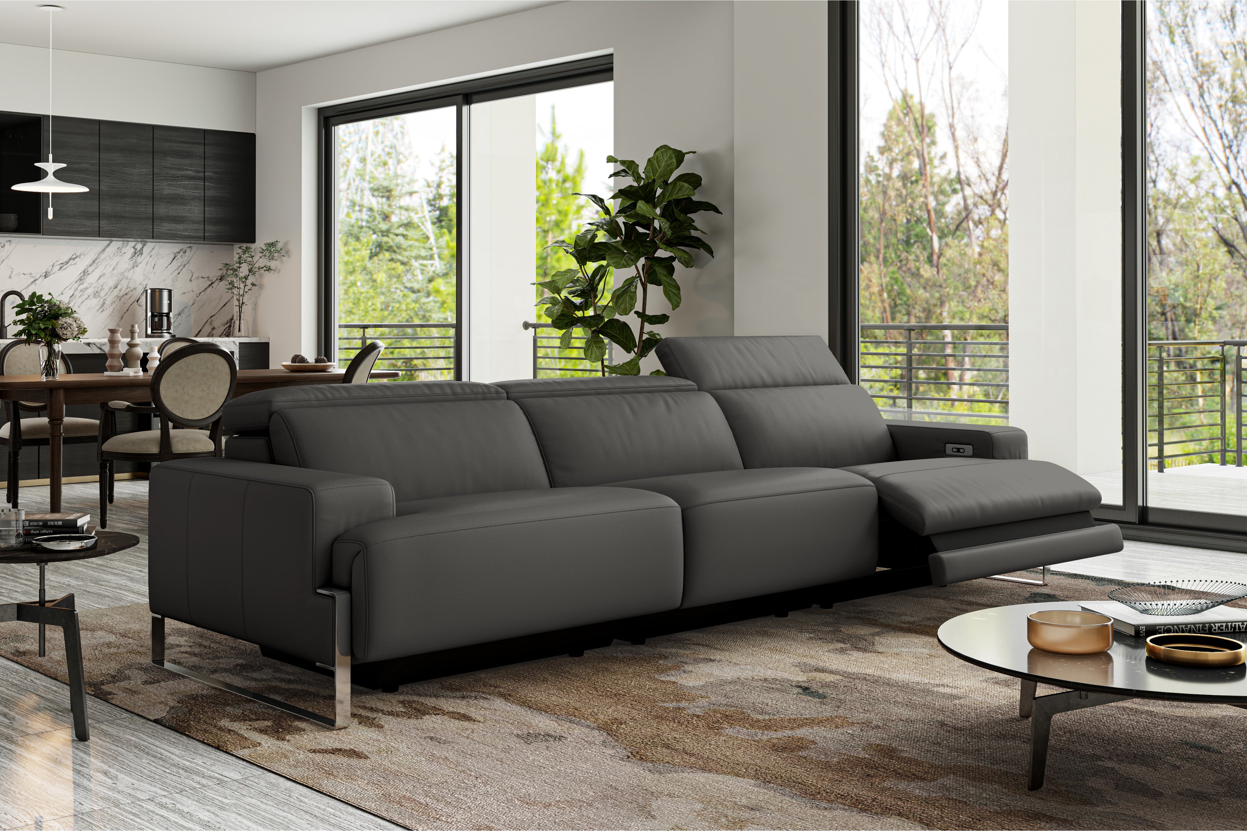 Valencia Melania Top Grain Leather Three Seats Reclining Sectional Sofa, Dark Grey