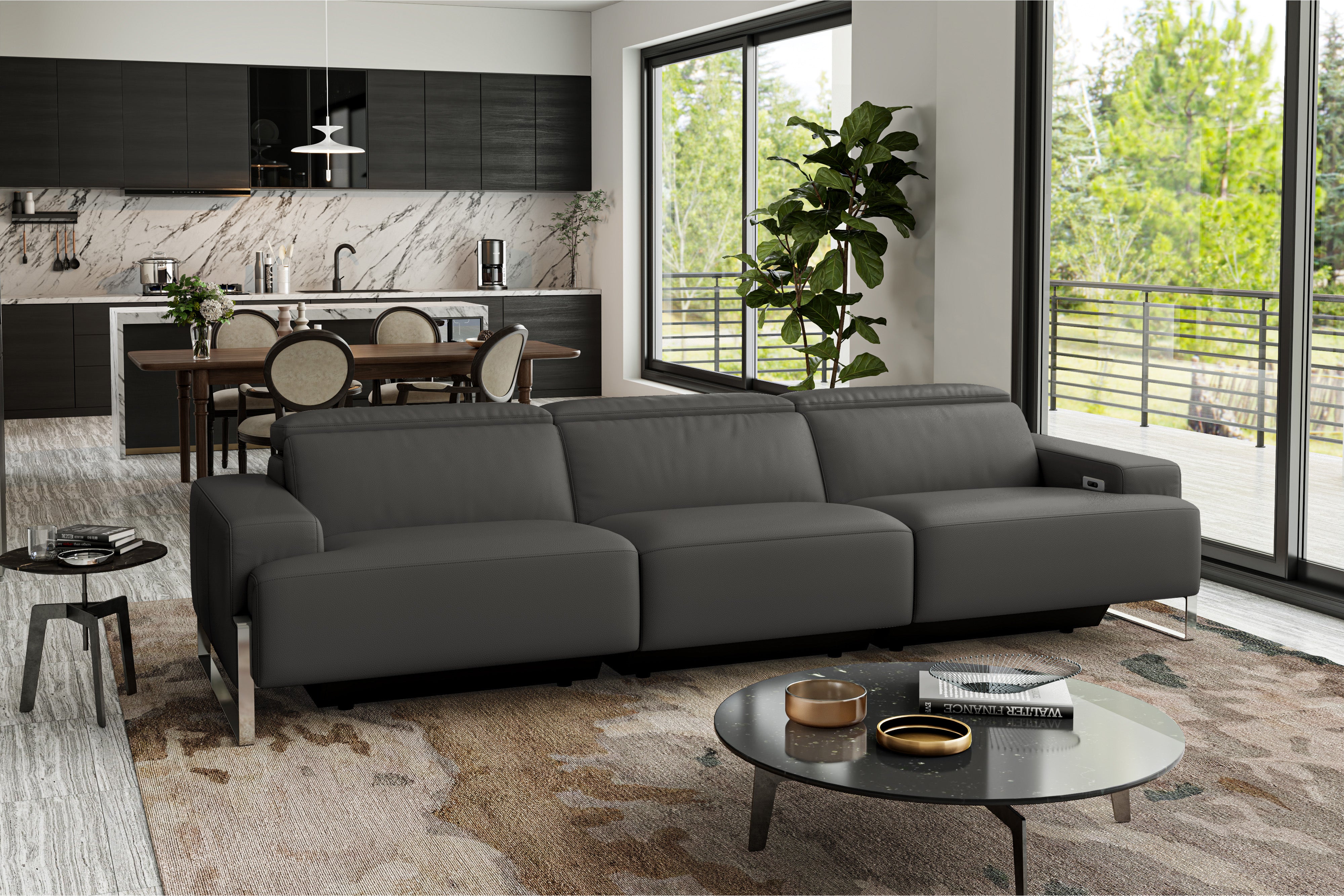 Valencia Melania Top Grain Leather Three Seats Reclining Sectional Sofa, Dark Grey