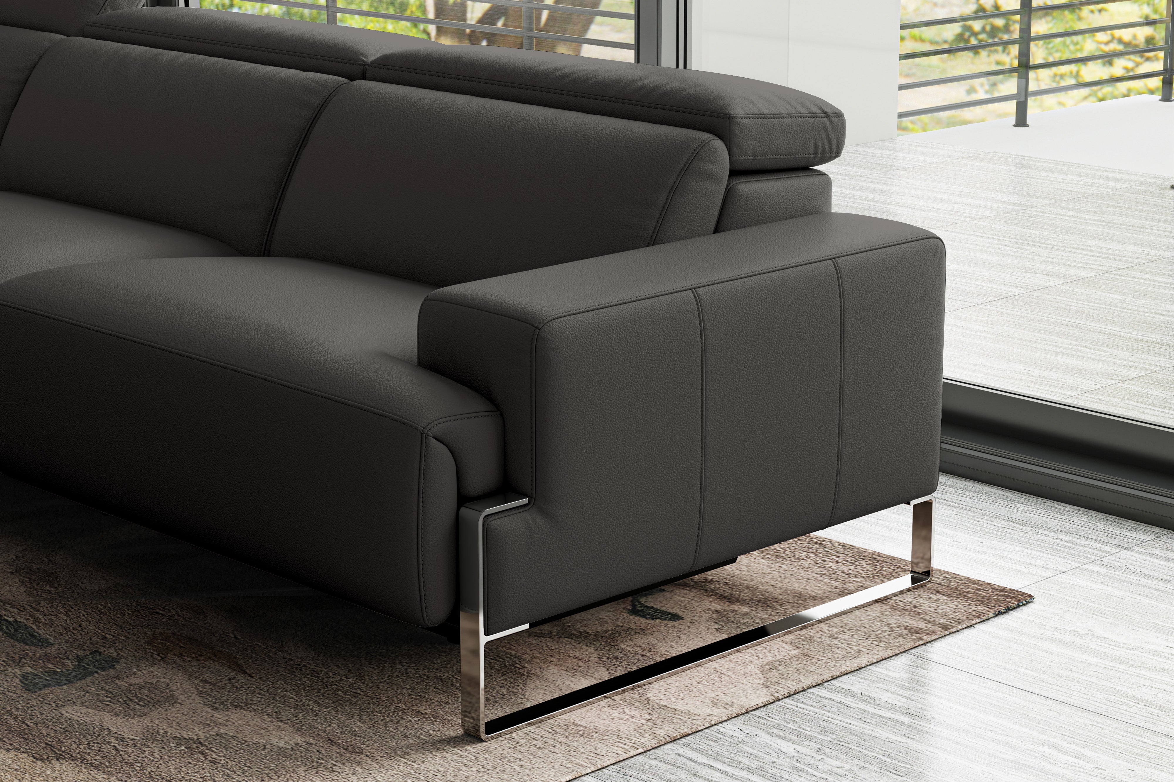 Valencia Melania Top Grain Leather Three Seats Reclining Sectional Sofa, Dark Grey