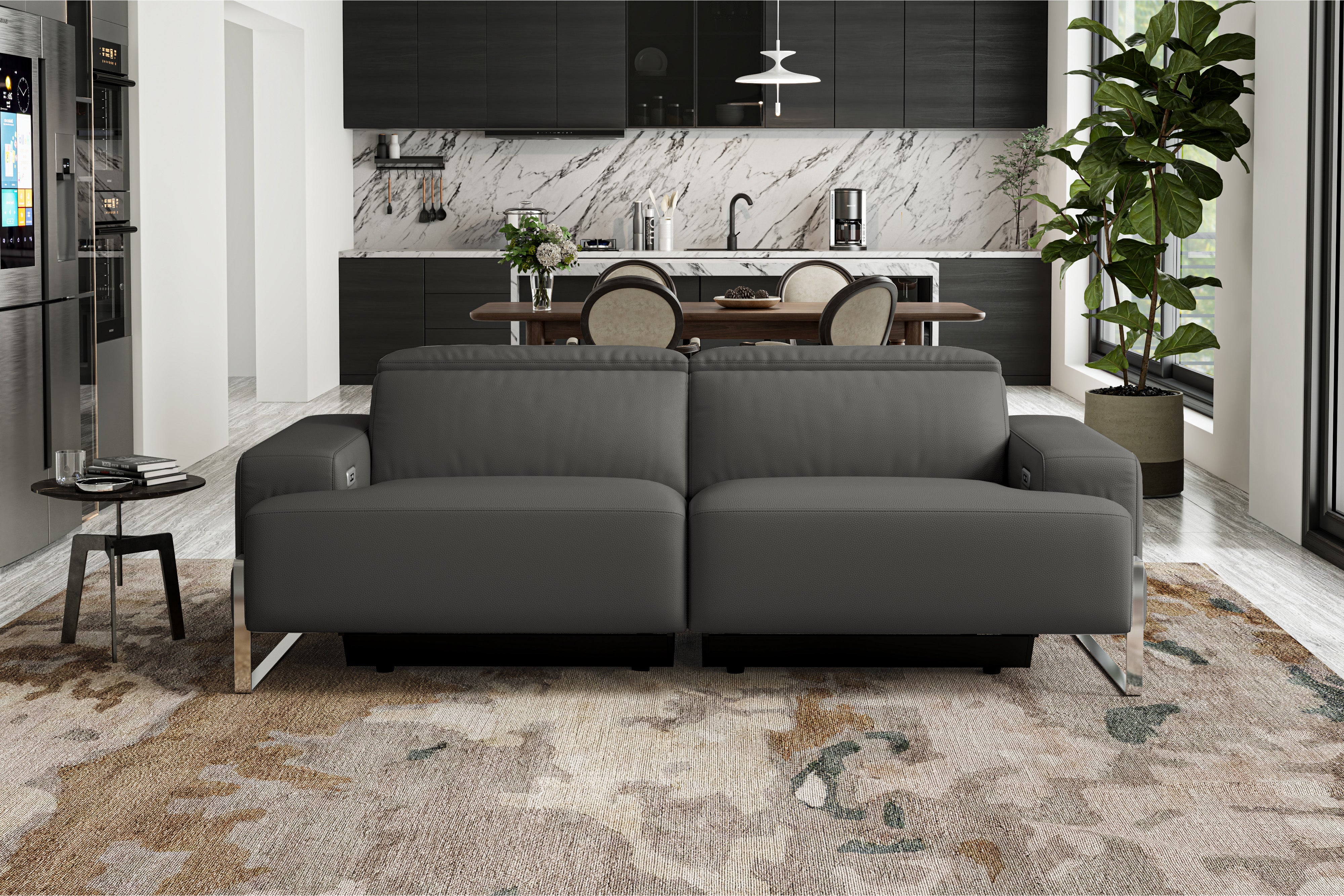 Valencia Melania Top Grain Leather Loveseat Reclining Sectional Sofa, Dark Grey