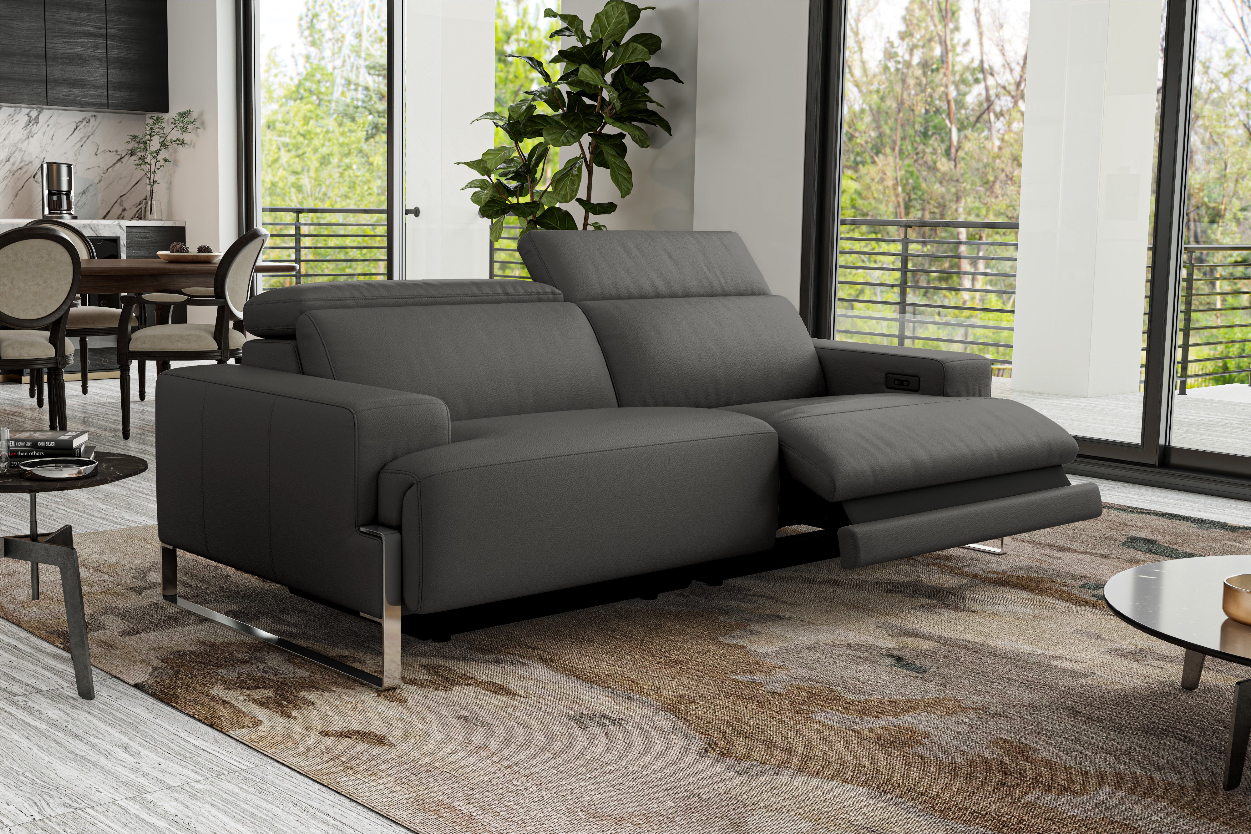 Valencia Melania Top Grain Leather Loveseat Reclining Sectional Sofa, Dark Grey