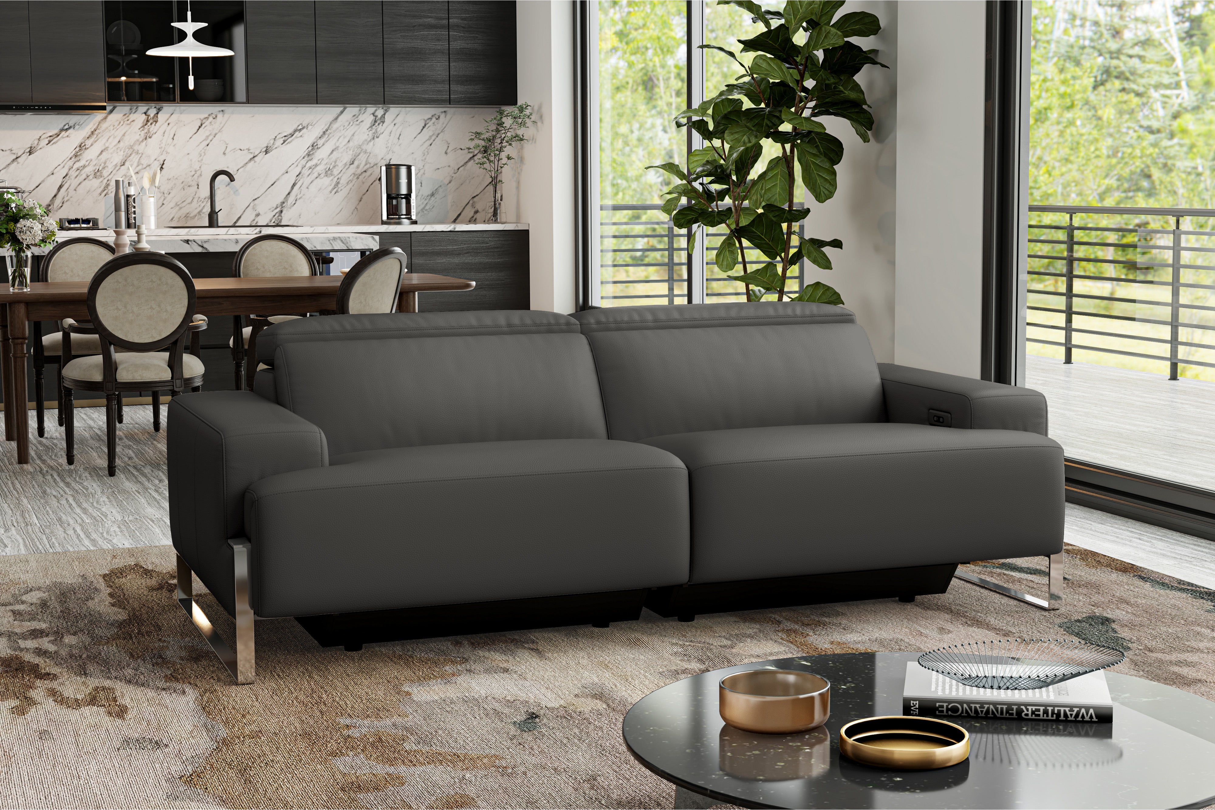 Valencia Melania Top Grain Leather Loveseat Reclining Sectional Sofa, Dark Grey