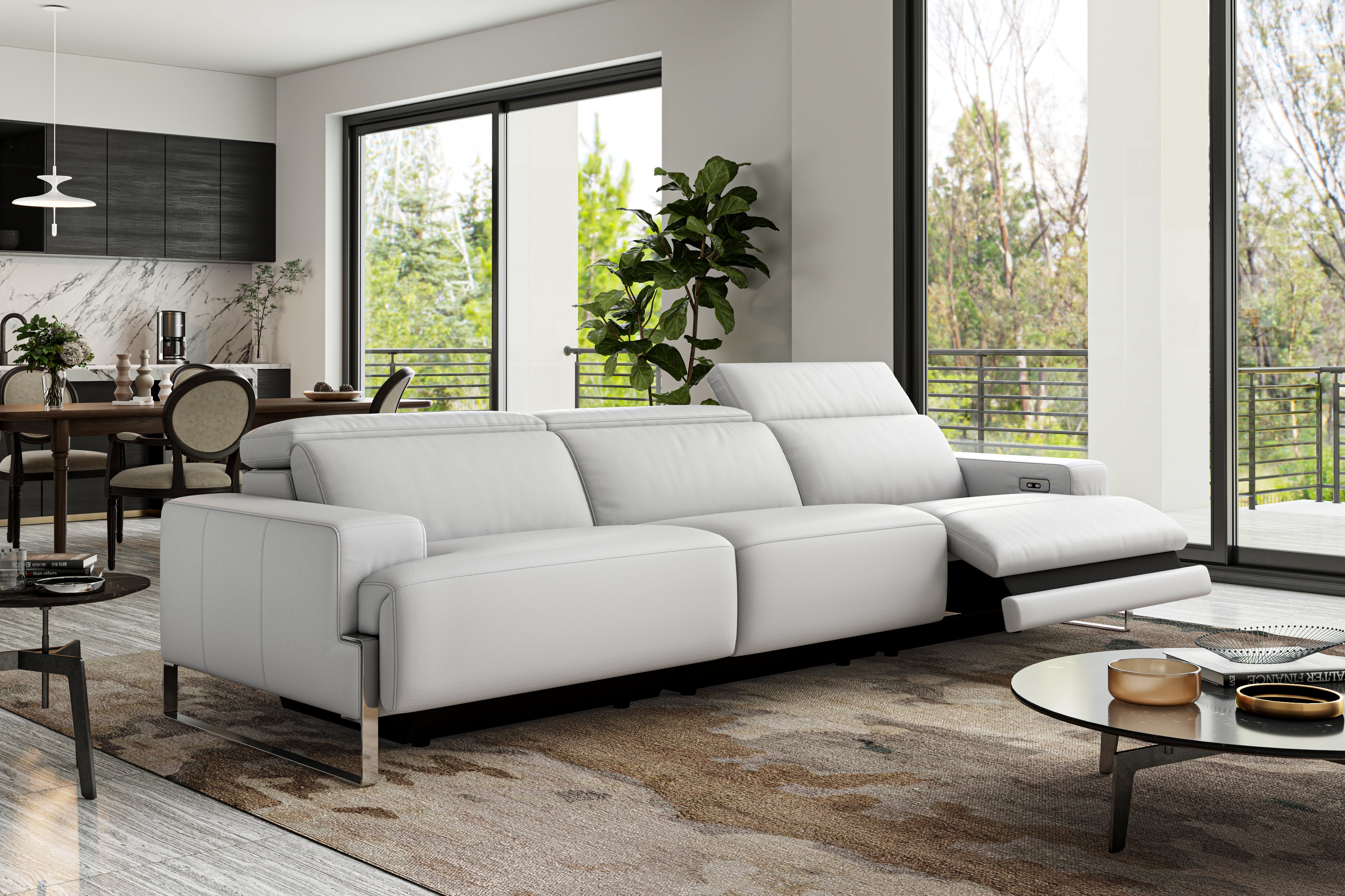 Valencia Melania Top Grain Leather Three Seats Reclining Sectional Sofa, Light Grey