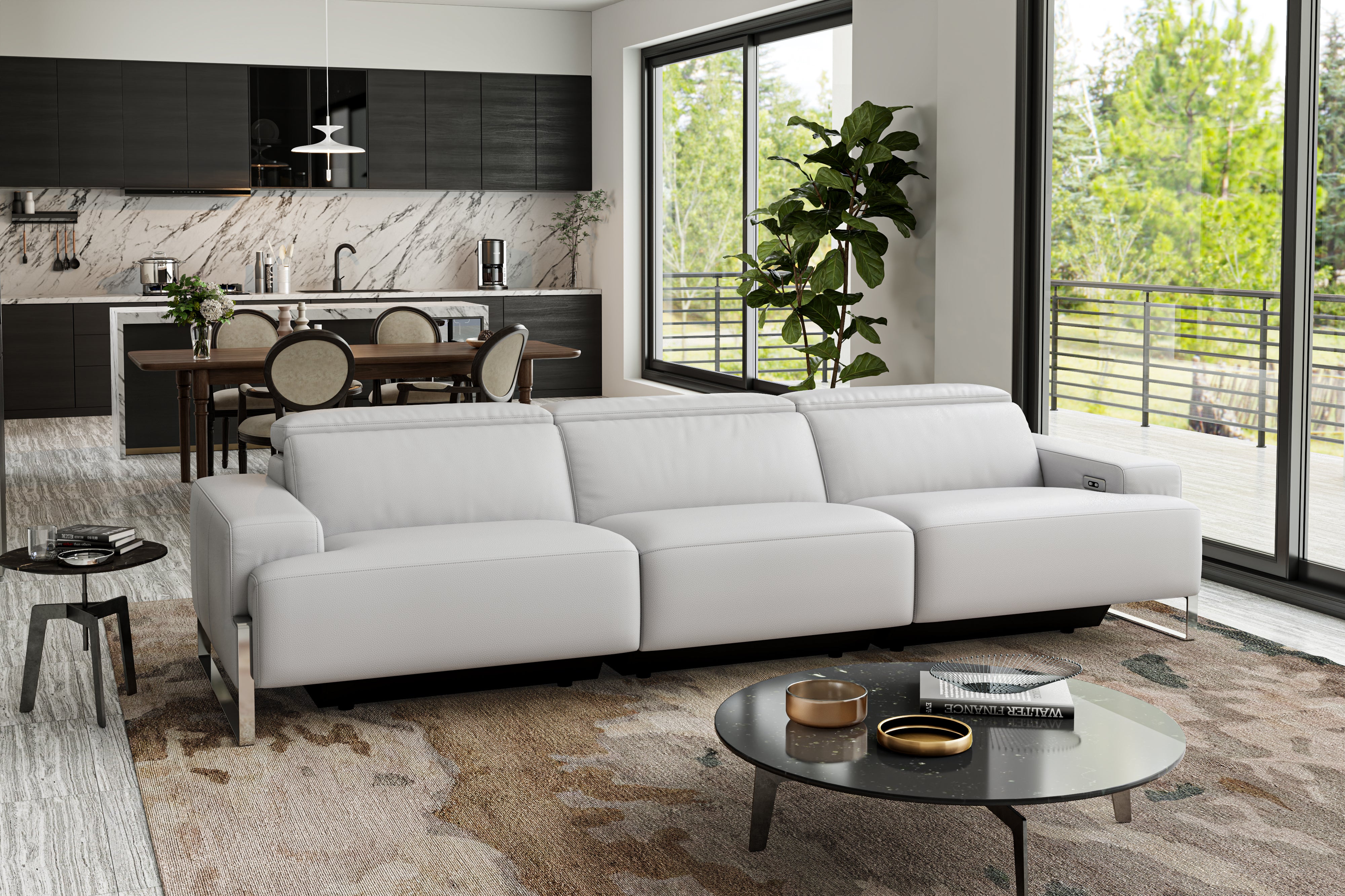 Valencia Melania Top Grain Leather Three Seats Reclining Sectional Sofa, Light Grey