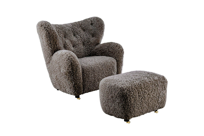 Valencia Flemming Lassen The Tired Man Lounge Chair & Footstool in Genuine Sheepskin, Coffee