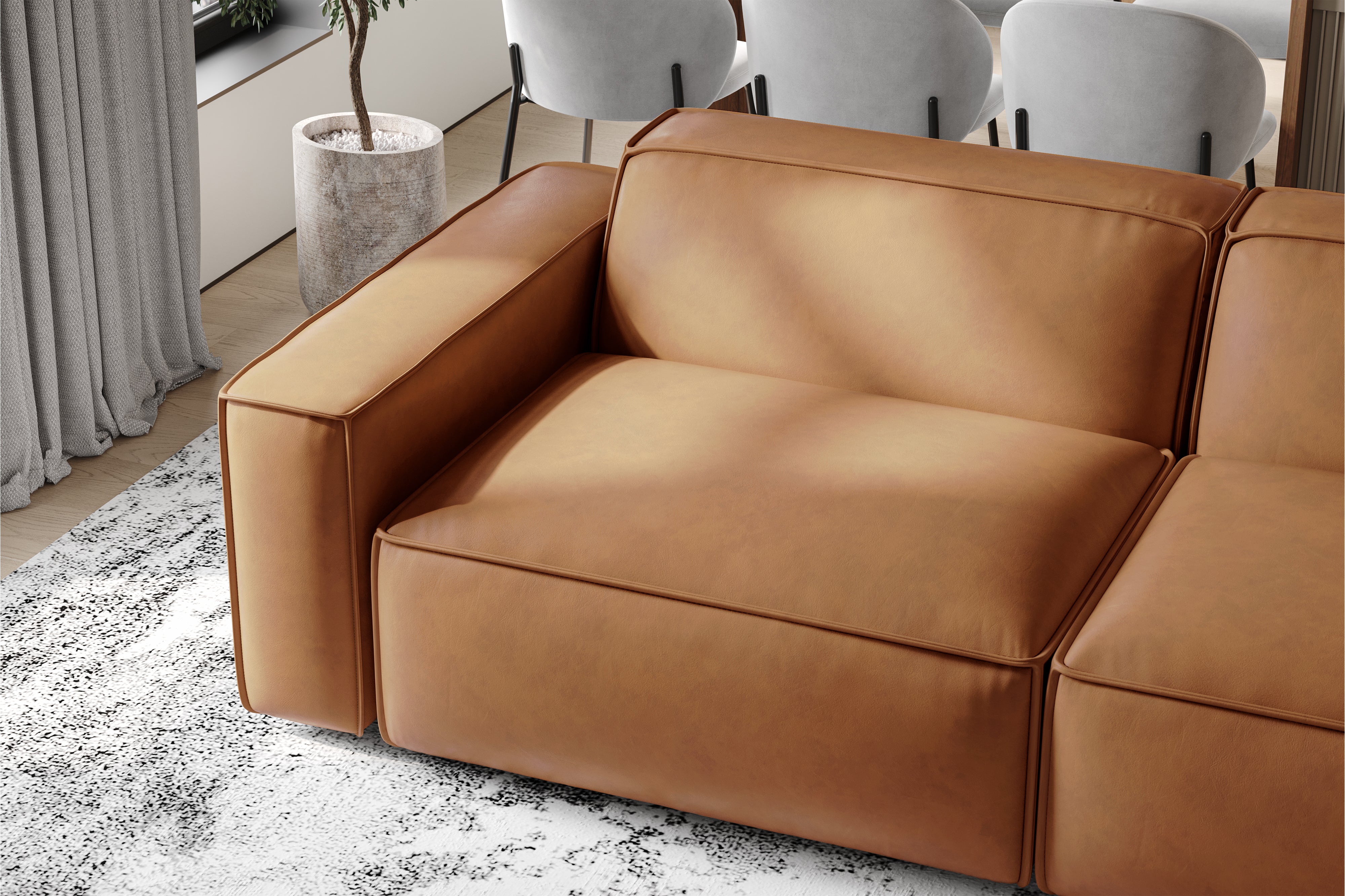 Valencia Nathan Full Aniline Leather Modular Sofa with Down Feather, Loveseat, Caramel Brown Color