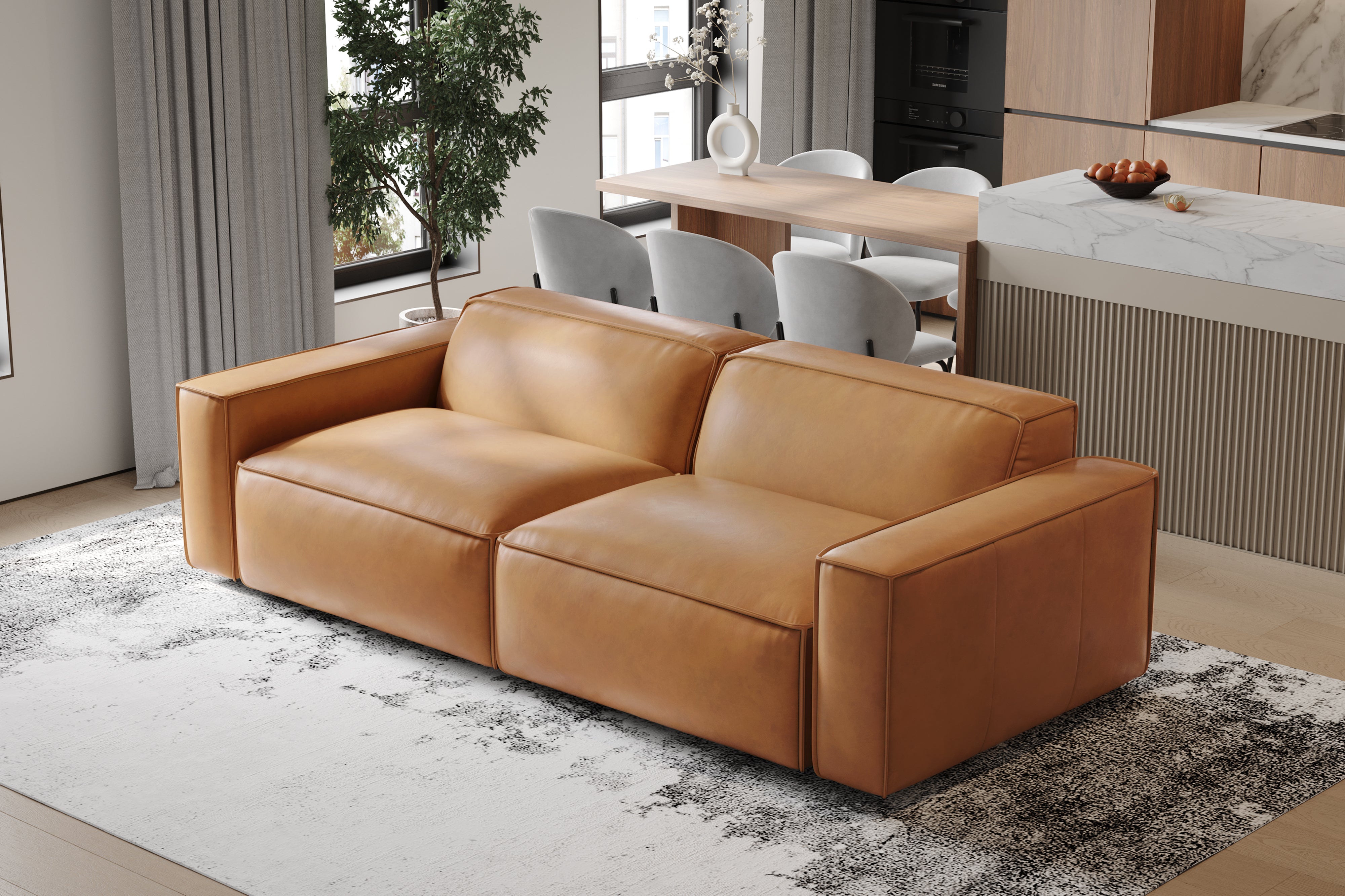 Valencia Nathan Full Aniline Leather Modular Sofa with Down Feather, Loveseat, Caramel Brown Color