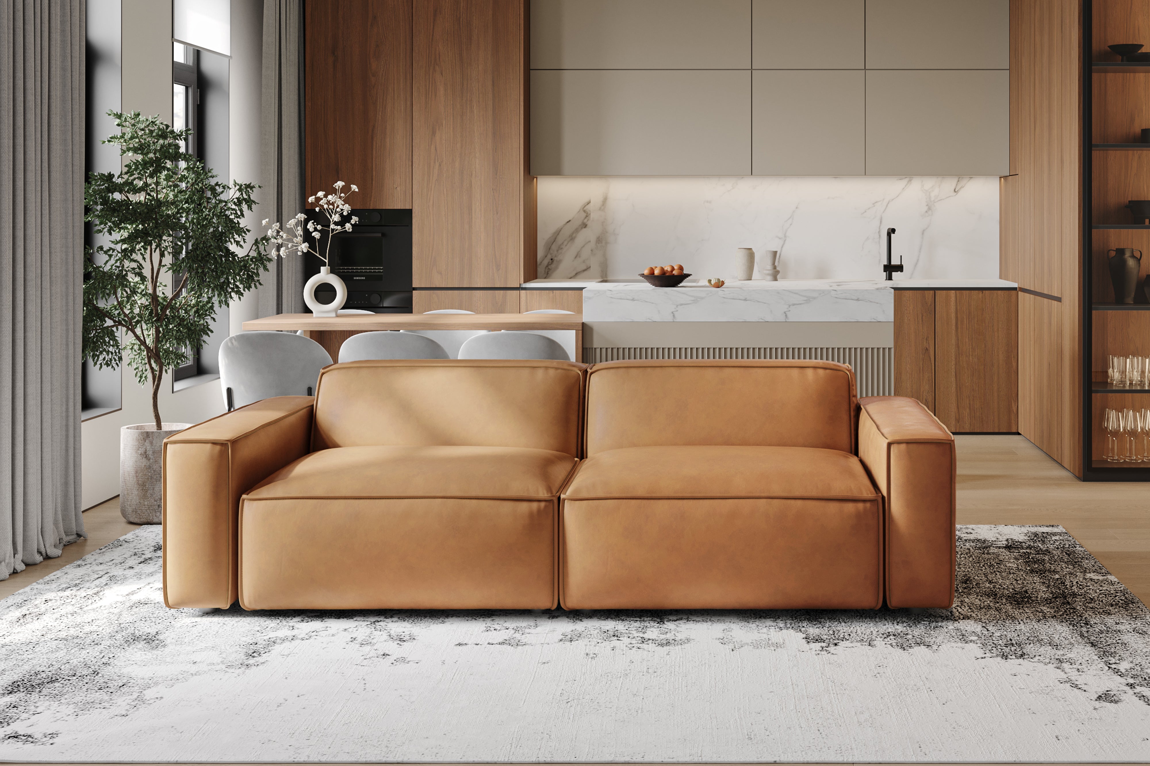 Valencia Nathan Full Aniline Leather Modular Sofa with Down Feather, Loveseat, Caramel Brown Color