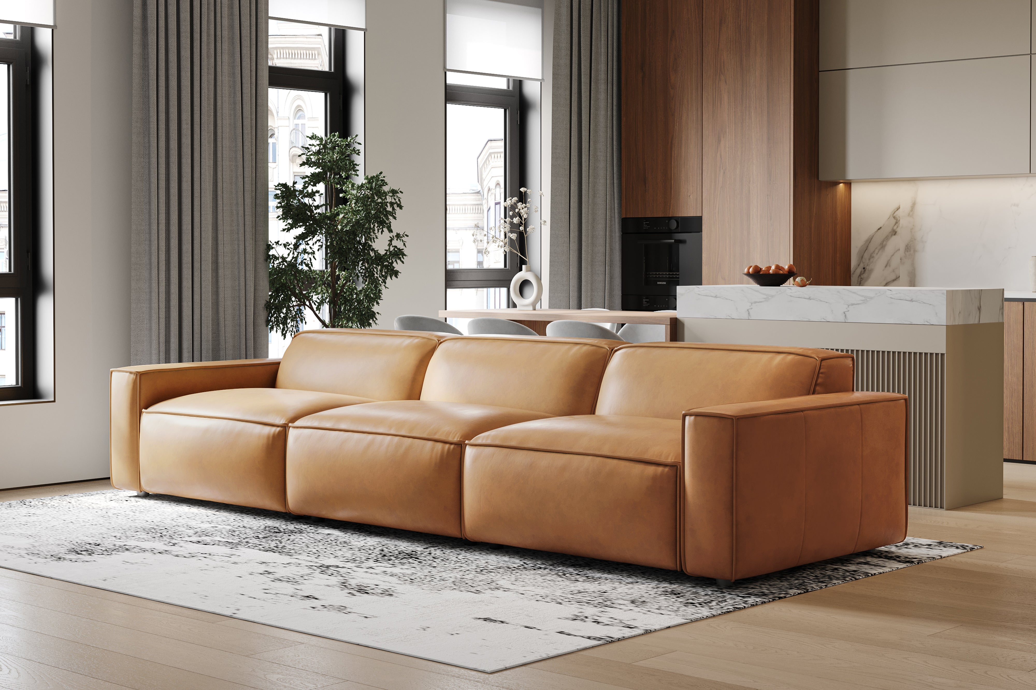 Valencia Nathan Full Aniline Leather Modular Sofa with Down Feather, Three Seats, Caramel Brown Color