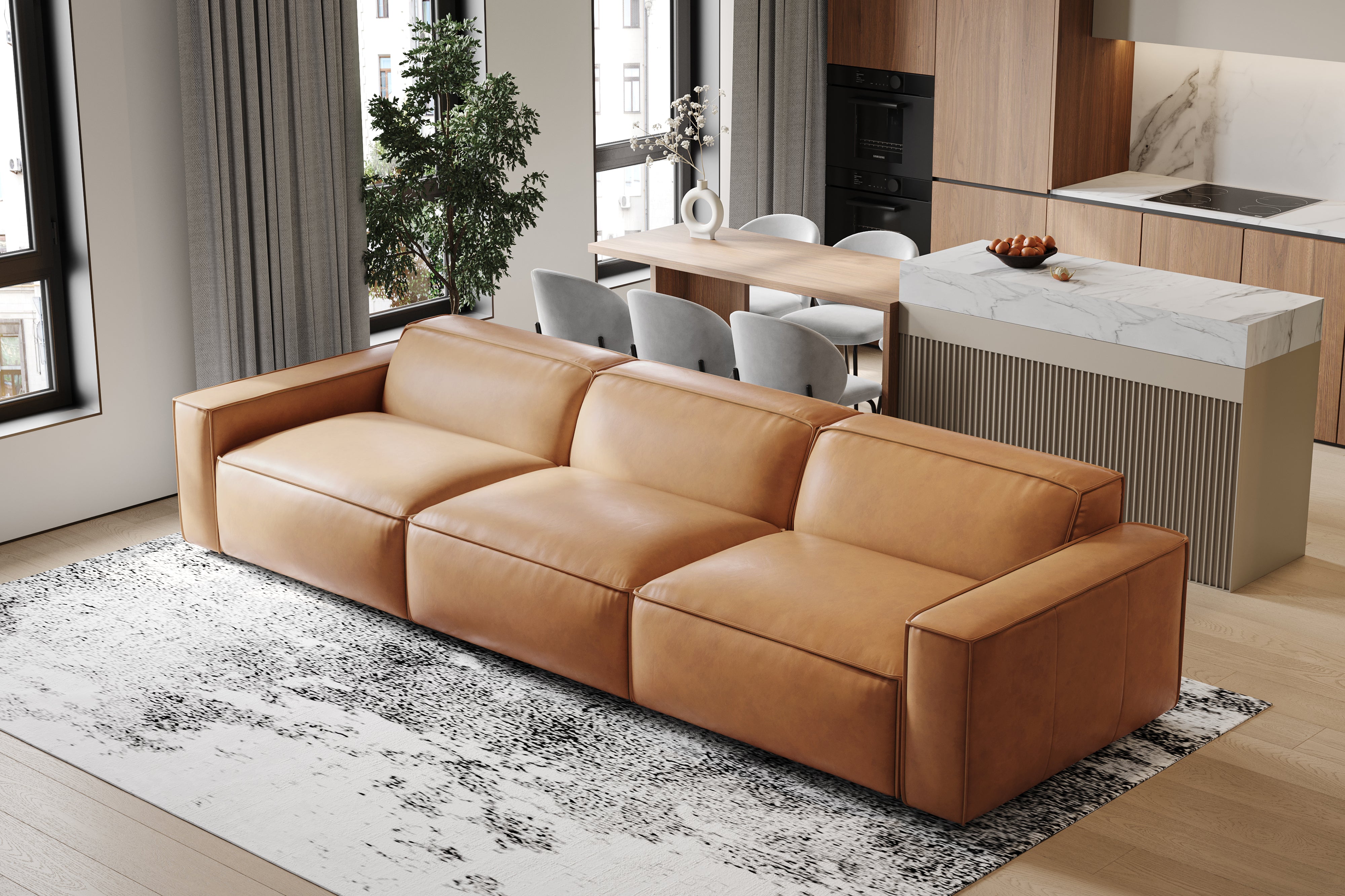 Valencia Nathan Full Aniline Leather Modular Sofa with Down Feather, Three Seats, Caramel Brown Color