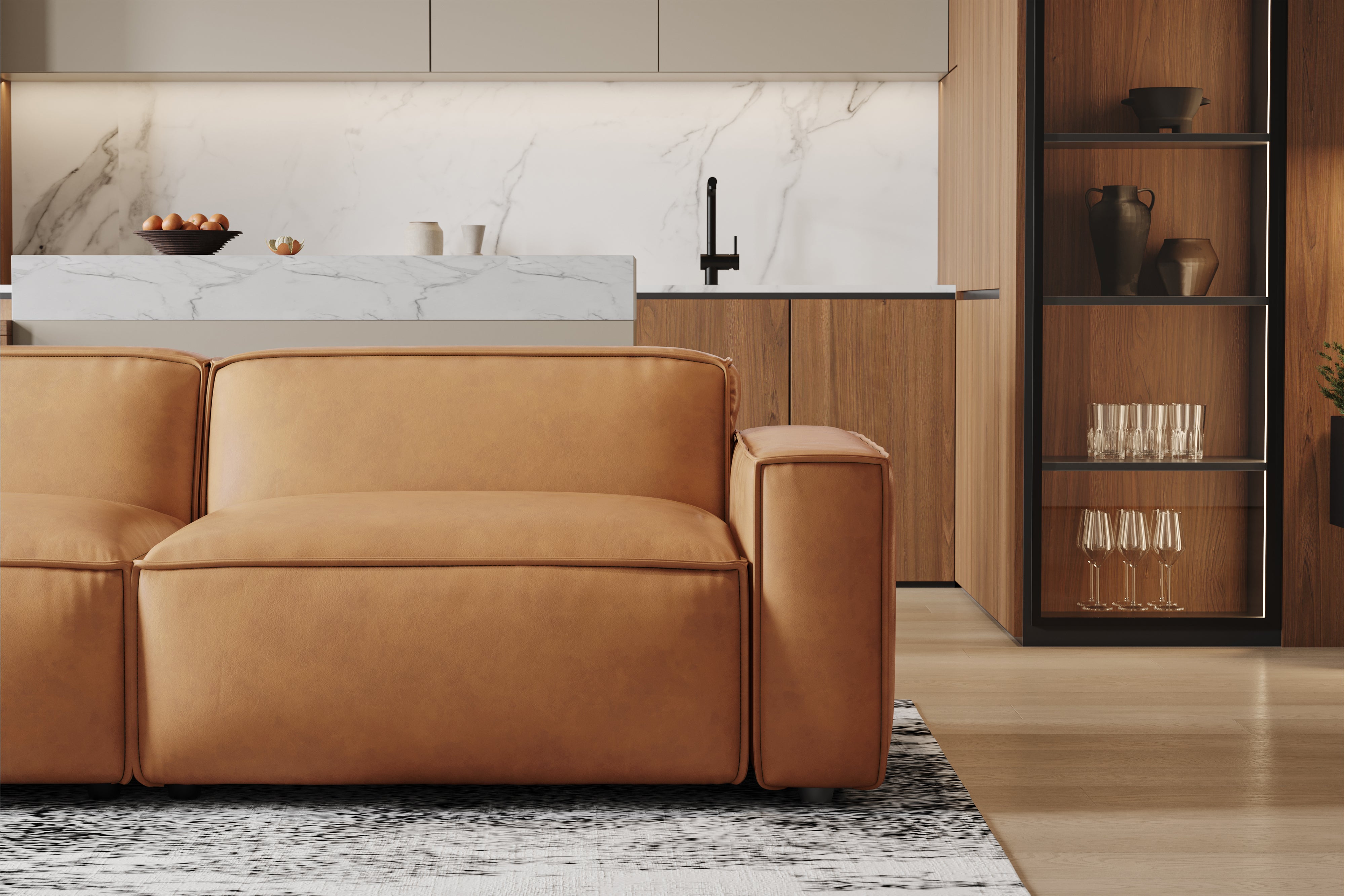 Valencia Nathan Full Aniline Leather Modular Sofa with Down Feather, Loveseat, Caramel Brown Color