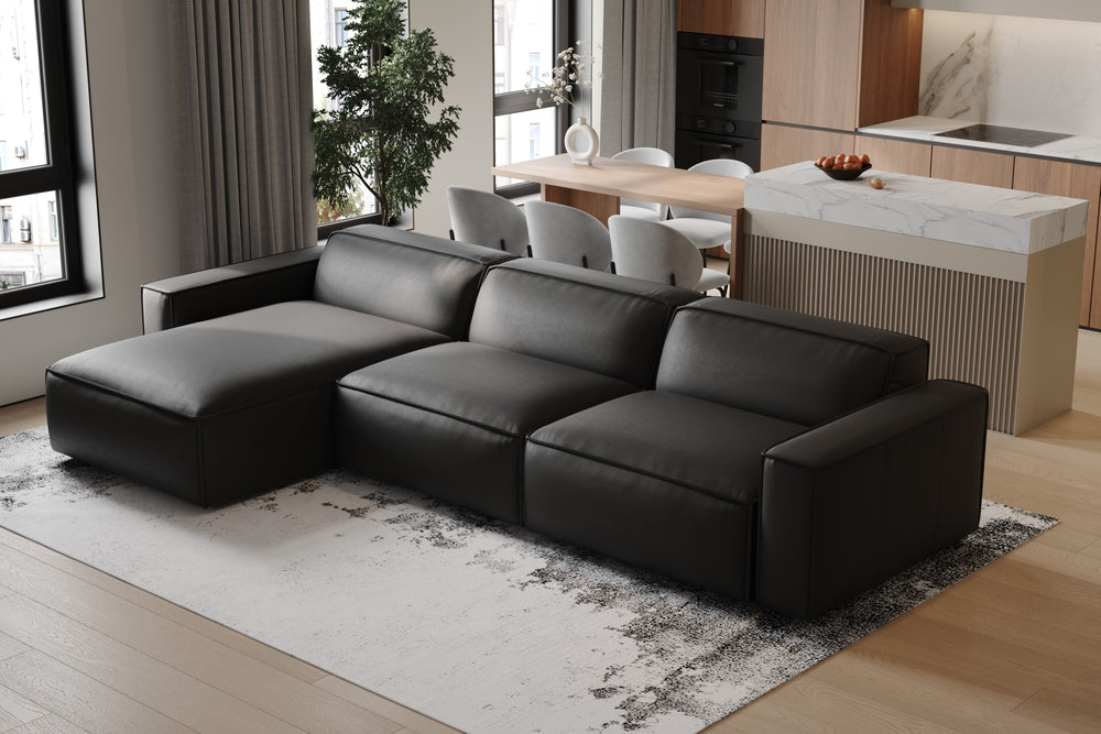 Valencia Nathan Aniline Leather Lounge Modular Sofa, Three Seats With Left Chaise, Black Color